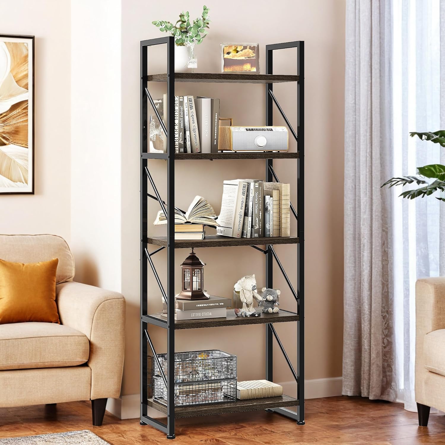 YITAHOME Bookshelf, 5 Tiers Bookcase Tall Book shelf with Metal Frame ...