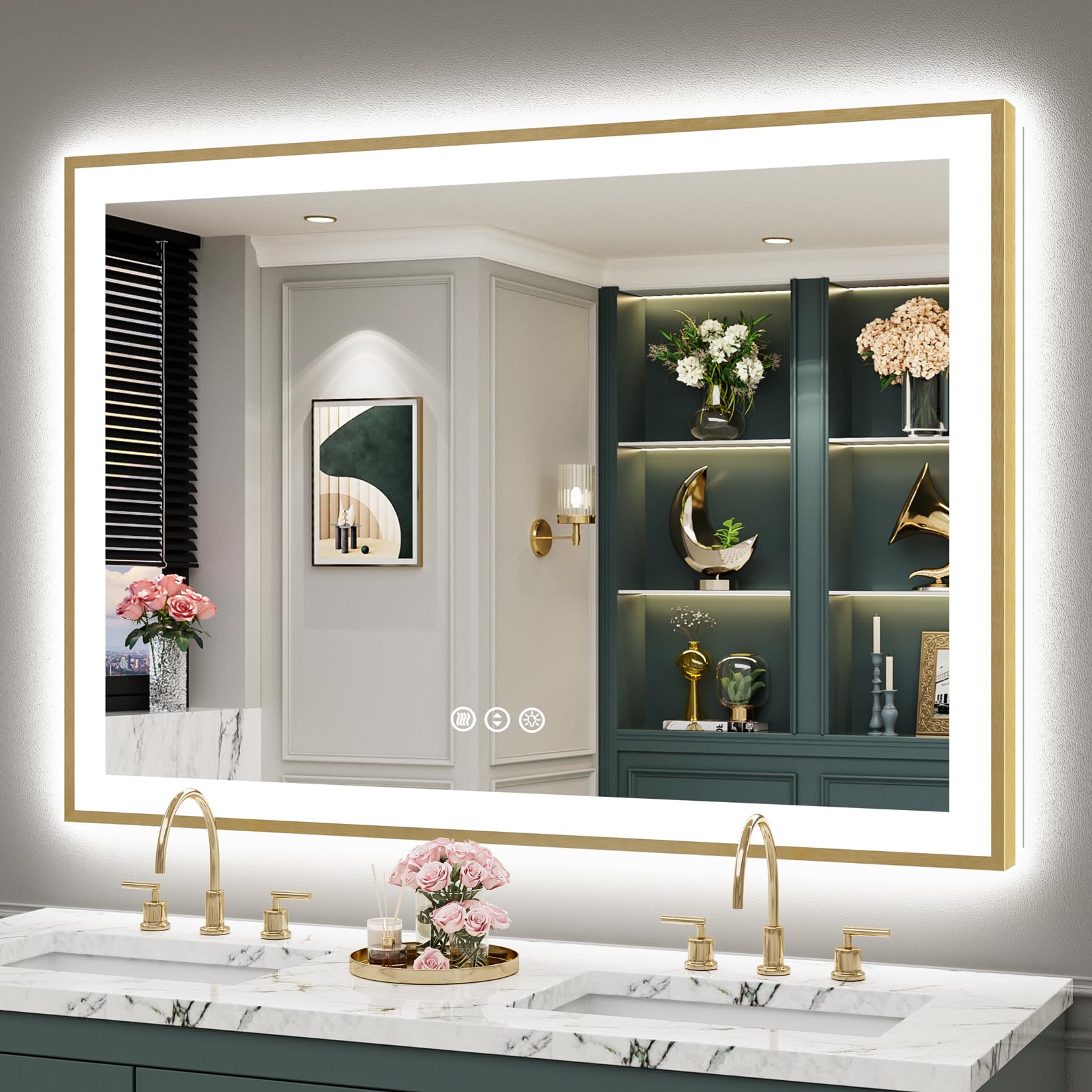 50x36 Gold LED Bathroom Mirror with Lights, Lighted Vanity Mirror
