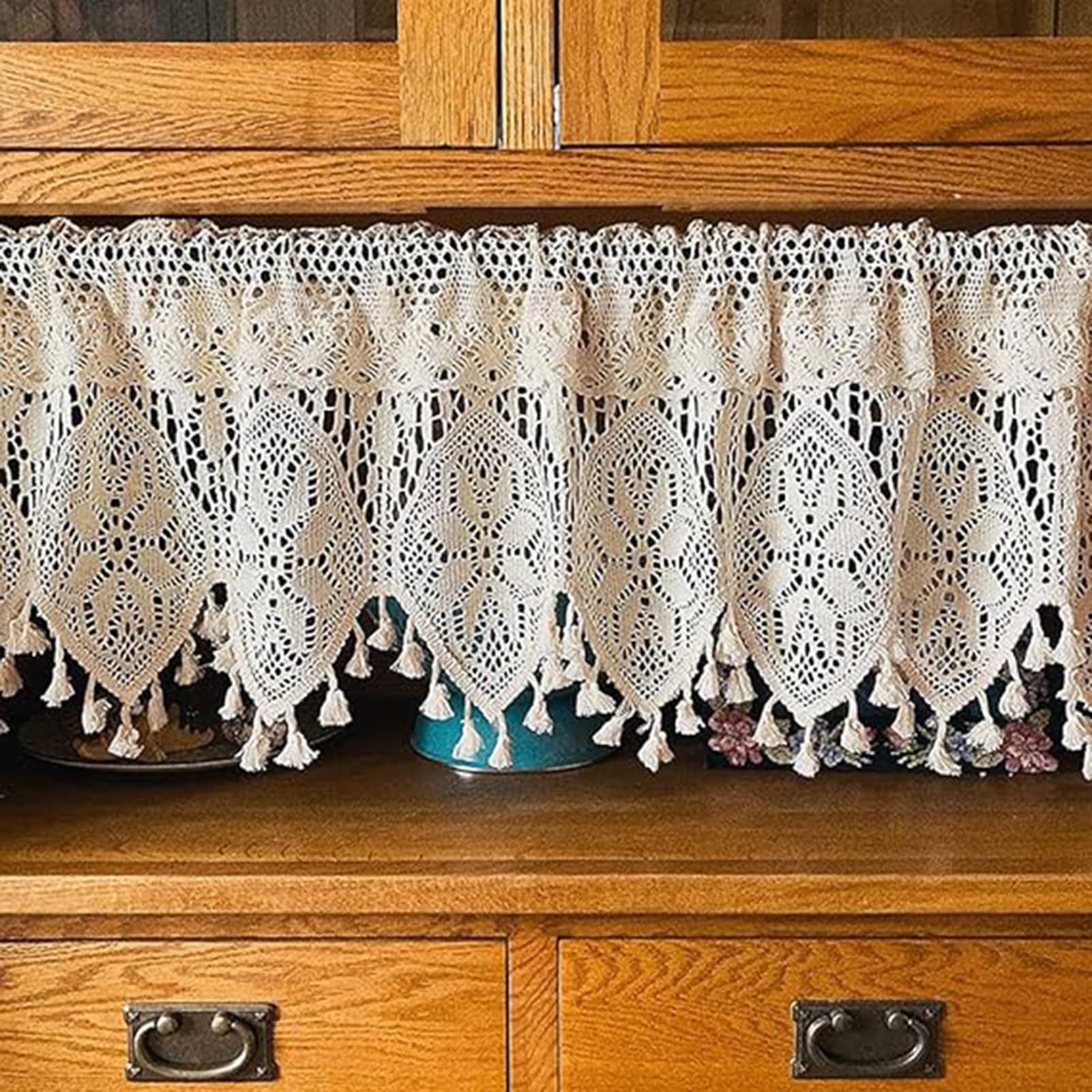 Tenda da Cucina all'Uncinetto Vuoto, Tendine per Piccole Finestre Stile Rustico Tenda Mezza con Piccola Nappa Tendine per Piccole Trasparenti Bohemian (Color : Beige, Size : 180x90cm/71x35in)