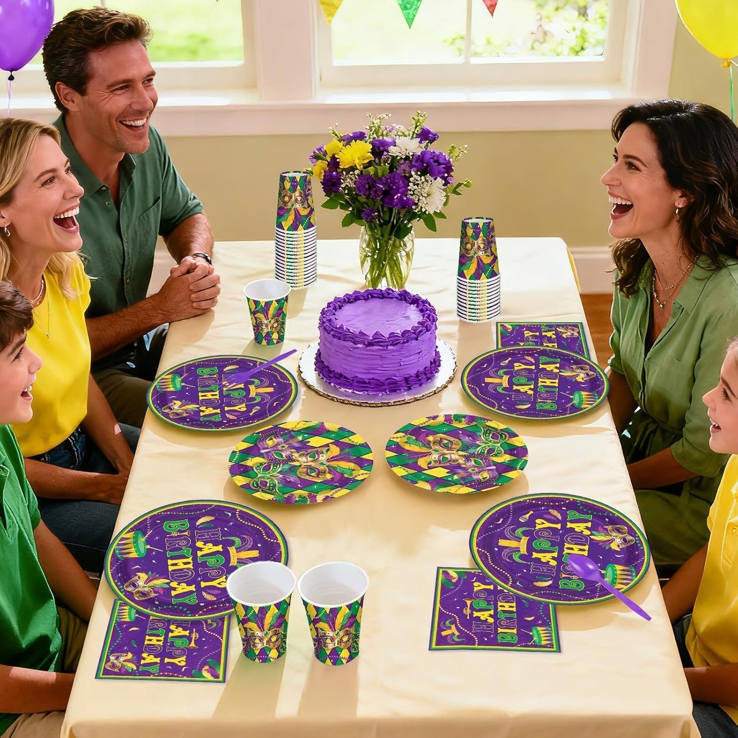168 Pcs Mardi Gras Birthday Party Decorations Carnival Masquerade Plates Napkins Cups Forks Knives Dancing Mask Tableware Set for Birthday Mardi Gras New Orleans Party Supplies Serves 24