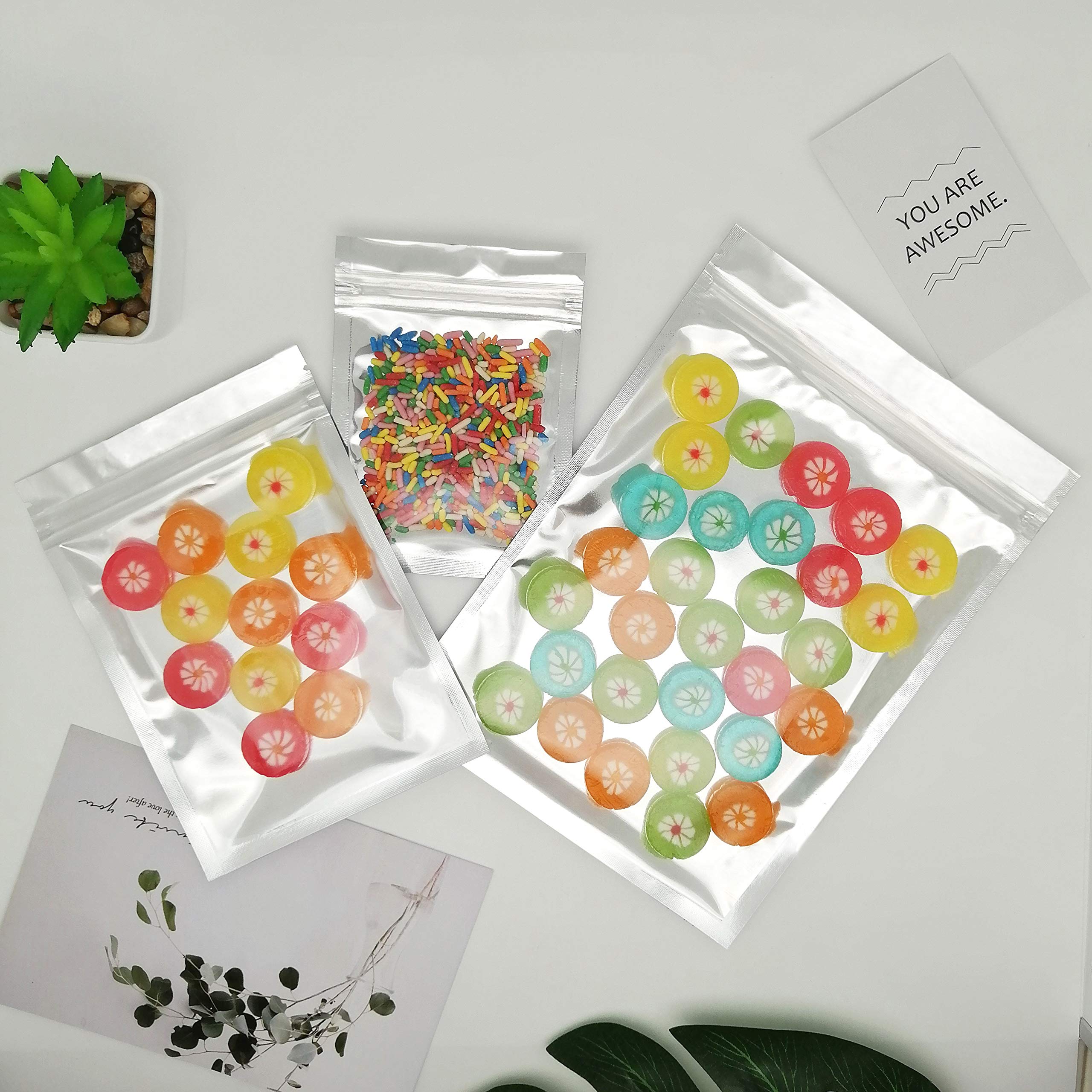 Paquete de 100 bolsas de Mylar resellables, bolsas planas de 4 x 6 pulgadas con cierre de cremallera, bolsa de embalaje de almacenamiento de alimentos, bolsas de papel de aluminio plateado 7
