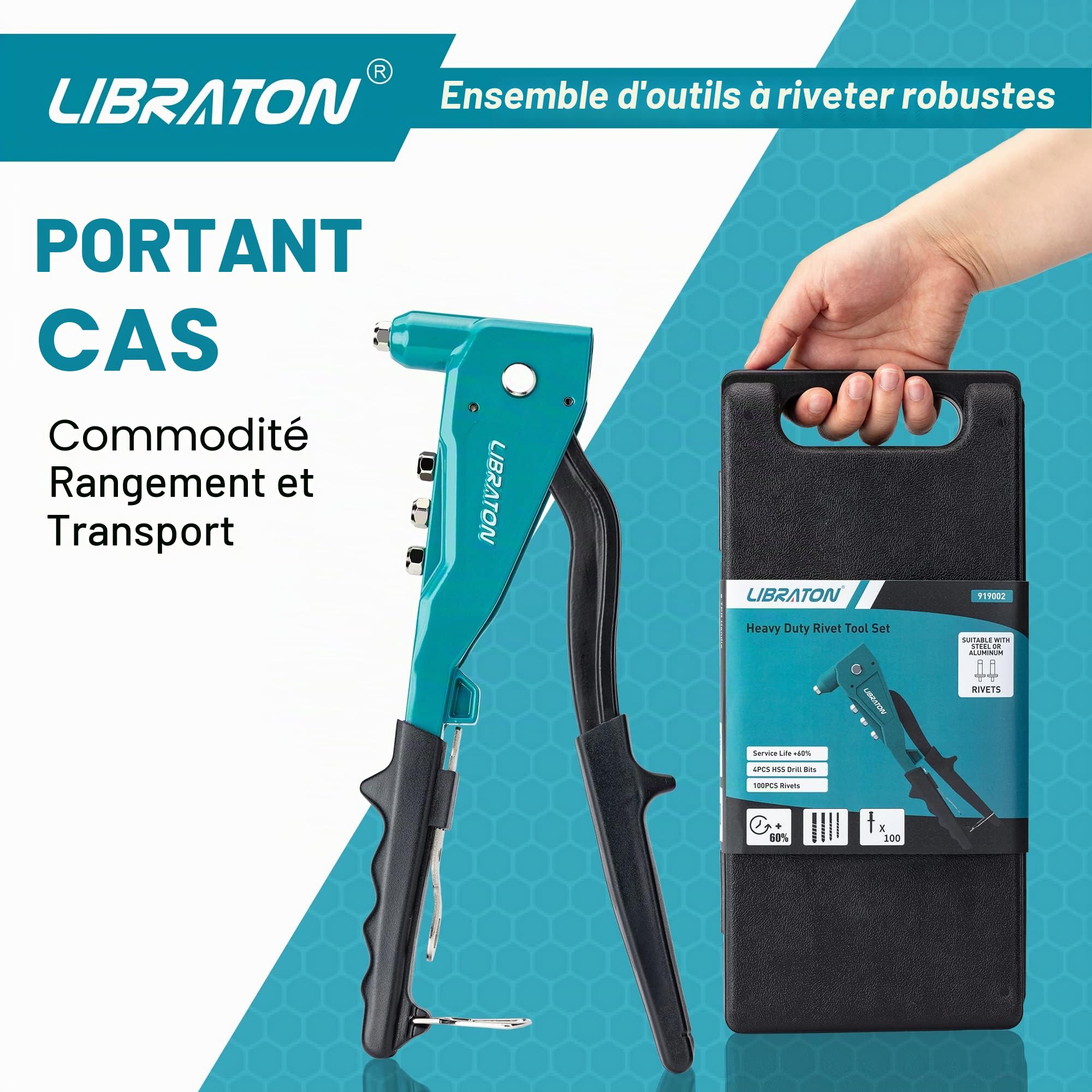 Libraton Pince à rivets aveugles, Riveteuses pour rivets aluminium et acier, Kit professionnelle de pinces à riveter robuste, Pince de rivetage avec 100 rivets et 4 perceuses de HSS