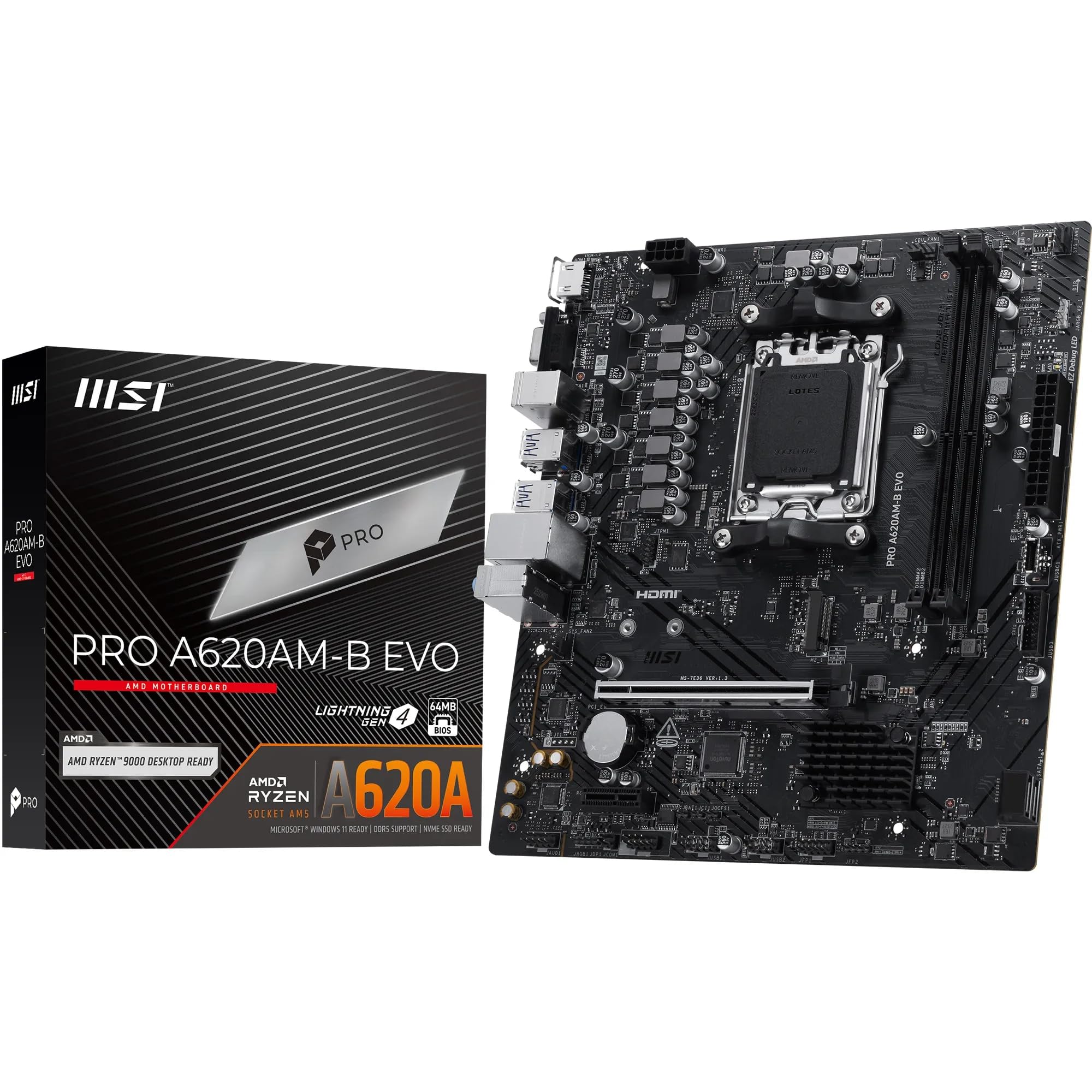 MSI PRO A620AM-B EVO Motherboard, Micro-ATX - Supports AMD Ryzen 9000/8000 / 7000 Processors, AM5 - DDR5 Memory Boost (6800+ MT/s OC), 1 x PCIe 4.0 x16, 1 x M.2 Gen4