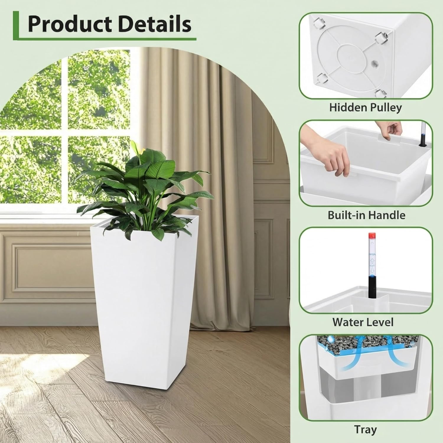 30 Inch Tall Planters Set of 2, Large White Indoor Outdoor Flower Pots for Front Porch, Modern Tall Plant Containers with Drainage Holes, Water Level Indicator & Inner Bucket, Patio Deck Balcony Decor