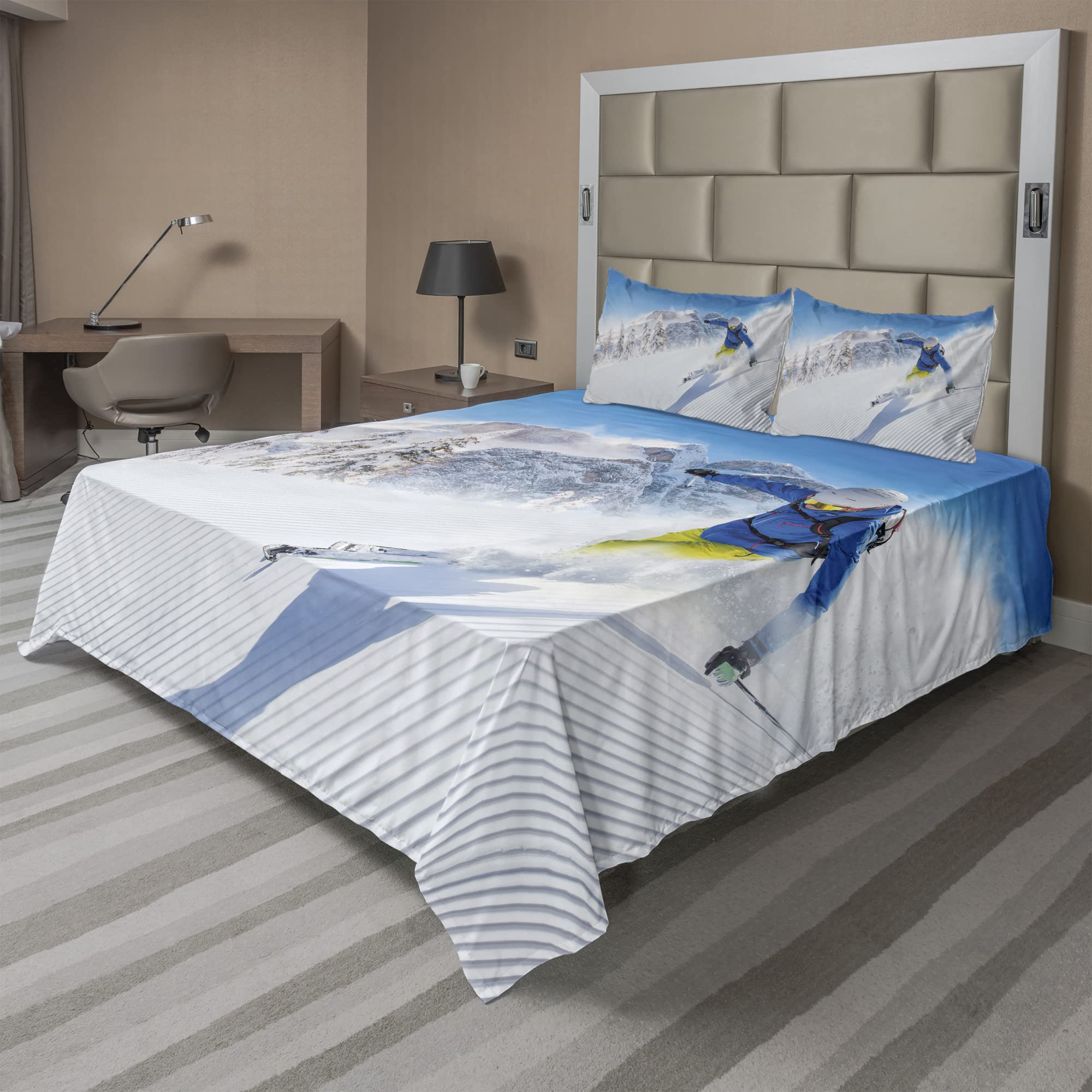 Ambesonne Winter Sheet Set, Skier Skiing Downhill in High Mountains Extreme Winter Sports Hobby Activity, Fitted and Flat Sheet with Pillowcases Bedding Accent 4 Piece Set, Calking, Blue White