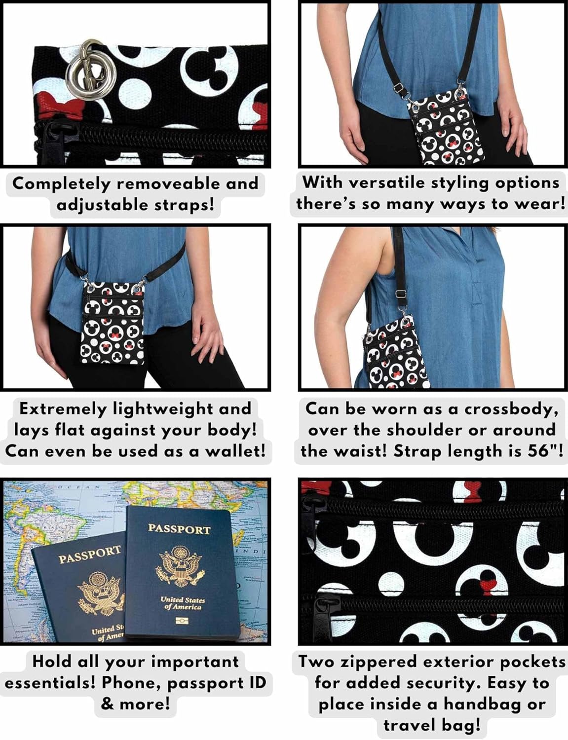 Disney Passport Bag Crossbody Travel Mickey Minnie Eeyore Stitch Cheshire All Over Print - Image 5