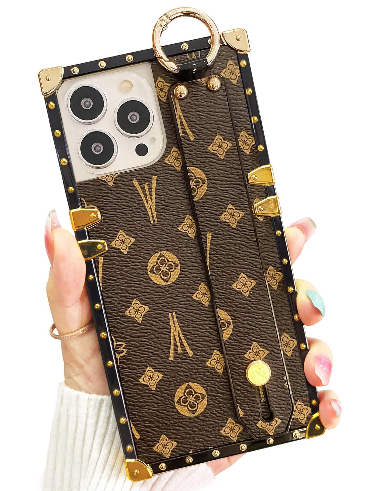 Dropcases Compatible with iPhone 15 Pro Max Case Luxury Designer for Women Girls,Rectangle Leather with Wristband Strap Kickstand Holder Protective