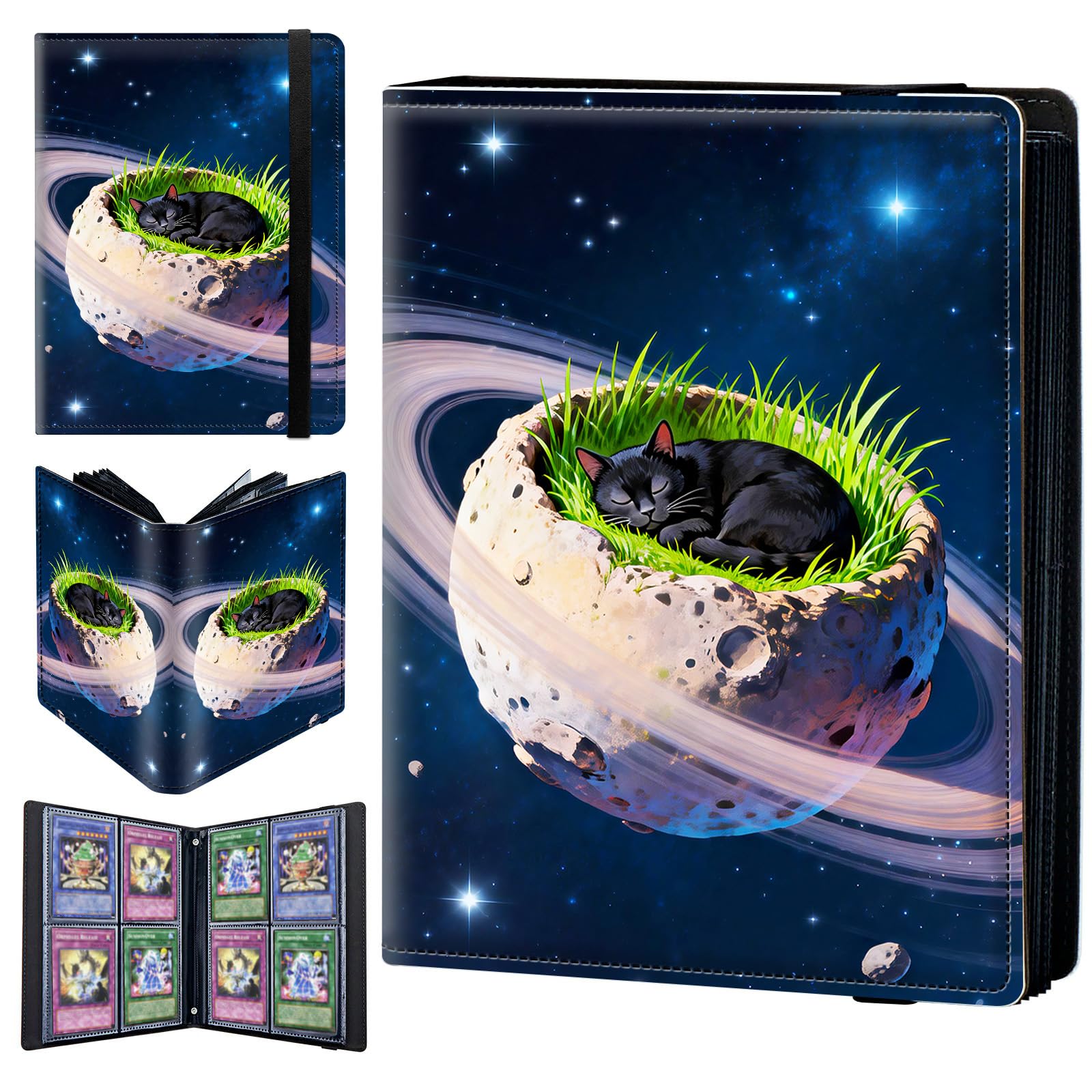 4 Pocket Trading Card Binder 160 Side Loading Pocket Album with Planet Black Cat Pattern Design Card Binder for Sports Cards & Game Cards
