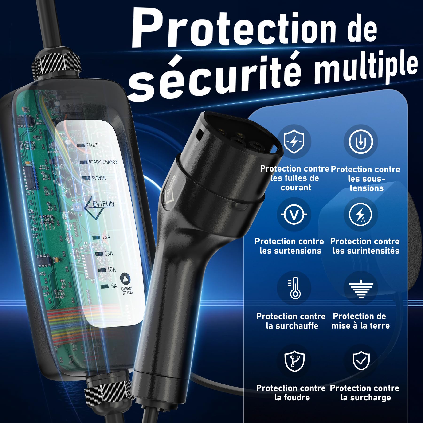 Chargeur Voiture électrique Type 2, 3,6 KW, 6 à 16 A, 7 m | Courant réglable 6/10/13/16 A, Compatible avec ID.3/ID.4, Model 3/Y, Zoe, e-208, Spring, véhicules électriques et hybrides