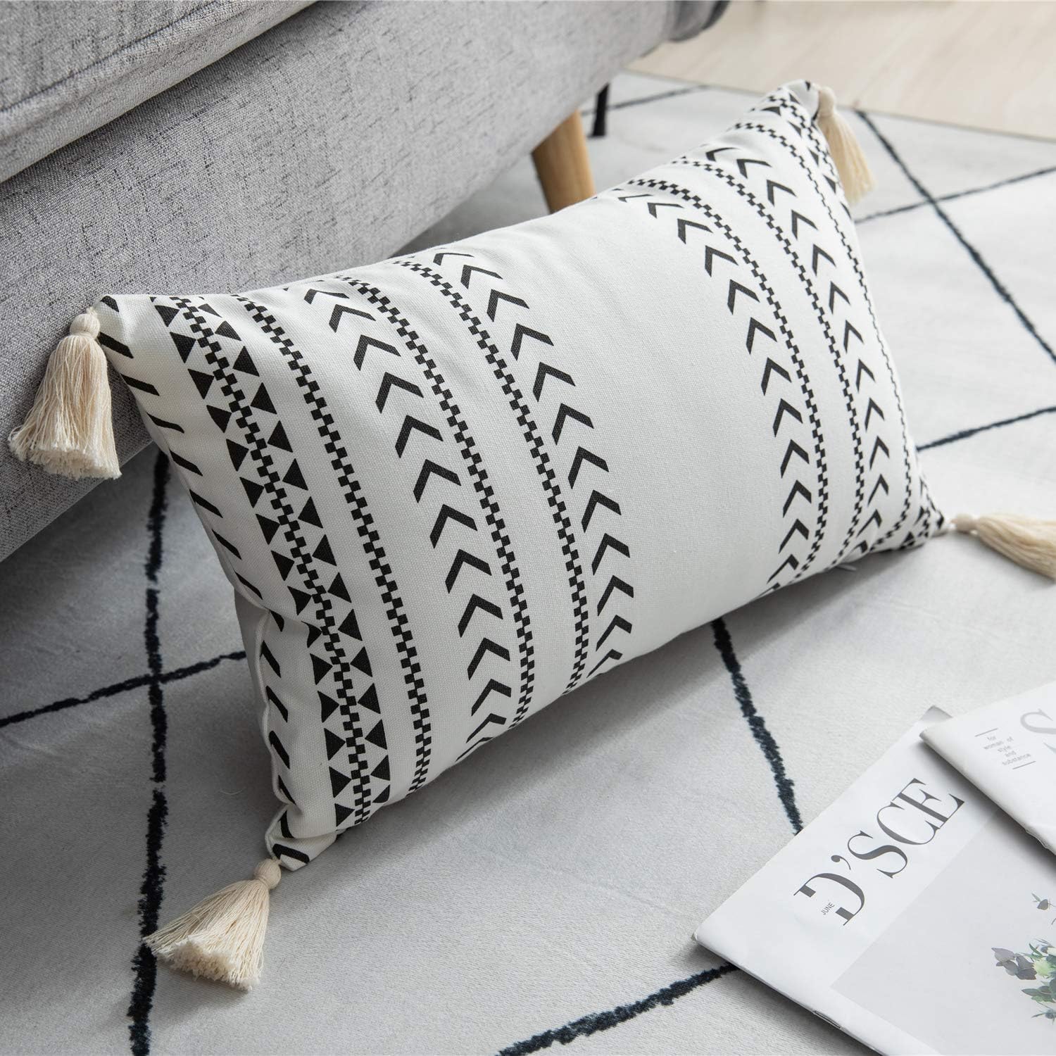 DEZENE Decorative Throw Pillow Covers for Couch Sofa Bed, 2 Pack 100% Cotton Rectangle Lumbar Pillow-Cases with Tassels, Boho Euro Cushion Covers for Farmhouse, Kids, 12 x 20 Inch Black and White