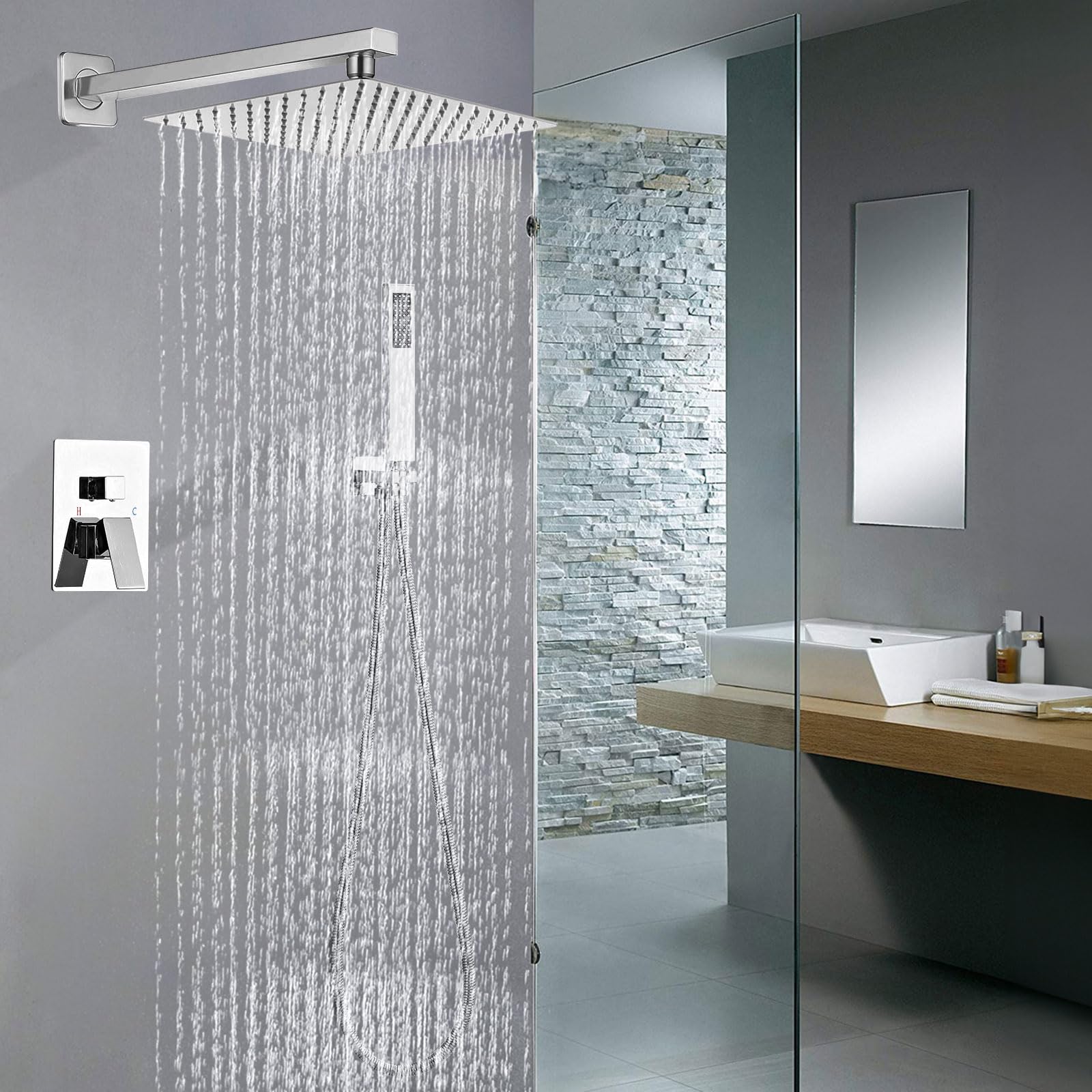 SaniteModar Set Doccia Incasso Cromo, Miscelatore Doccia Incasso con 25x25cm Soffione, kit Doccia Incasso con Doccetta