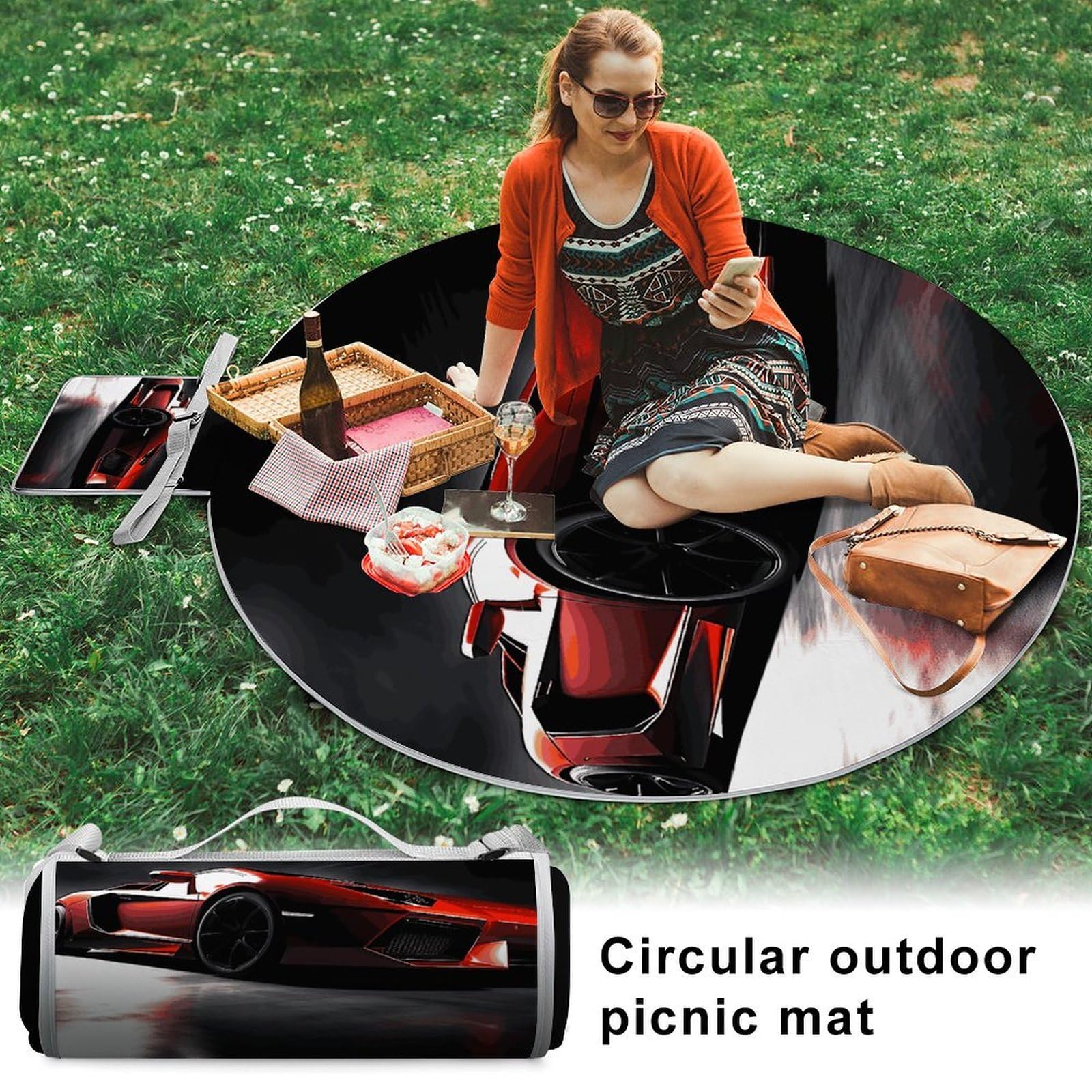 Speed Sport, coperta da picnic per auto, rotonda, pieghevole, leggera, coperta da spiaggia, impermeabile, coperta per esterni, per primavera, estate, campeggio, parco, viaggi, erba