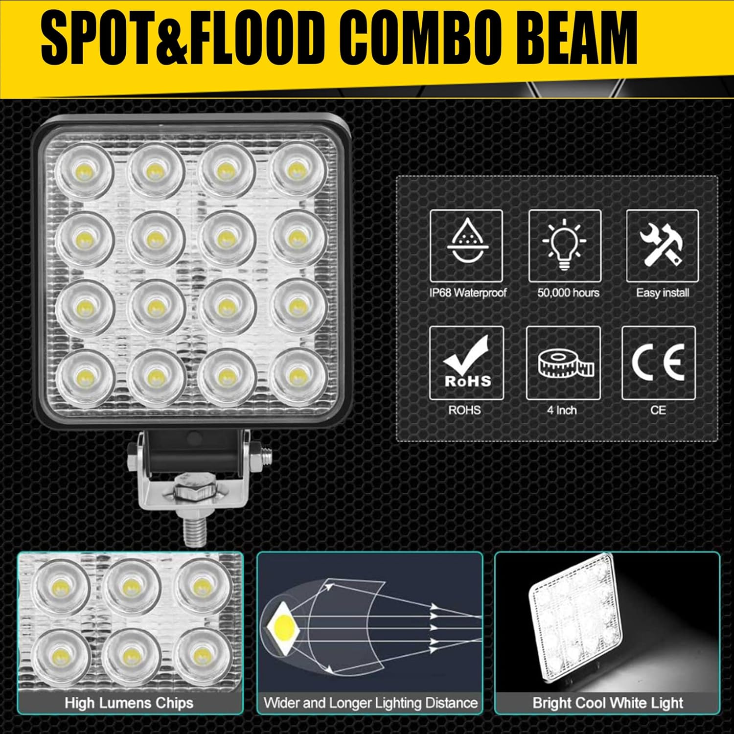 LED Work Lights for Truck 10pc 4.5 Inch Square LED Light Pods 12V 24V 48W 8000lm Cube Waterproof Off-Road Light Bar for Tractor Car Boat ATV UTV RV Golf Cart Lawn Mower