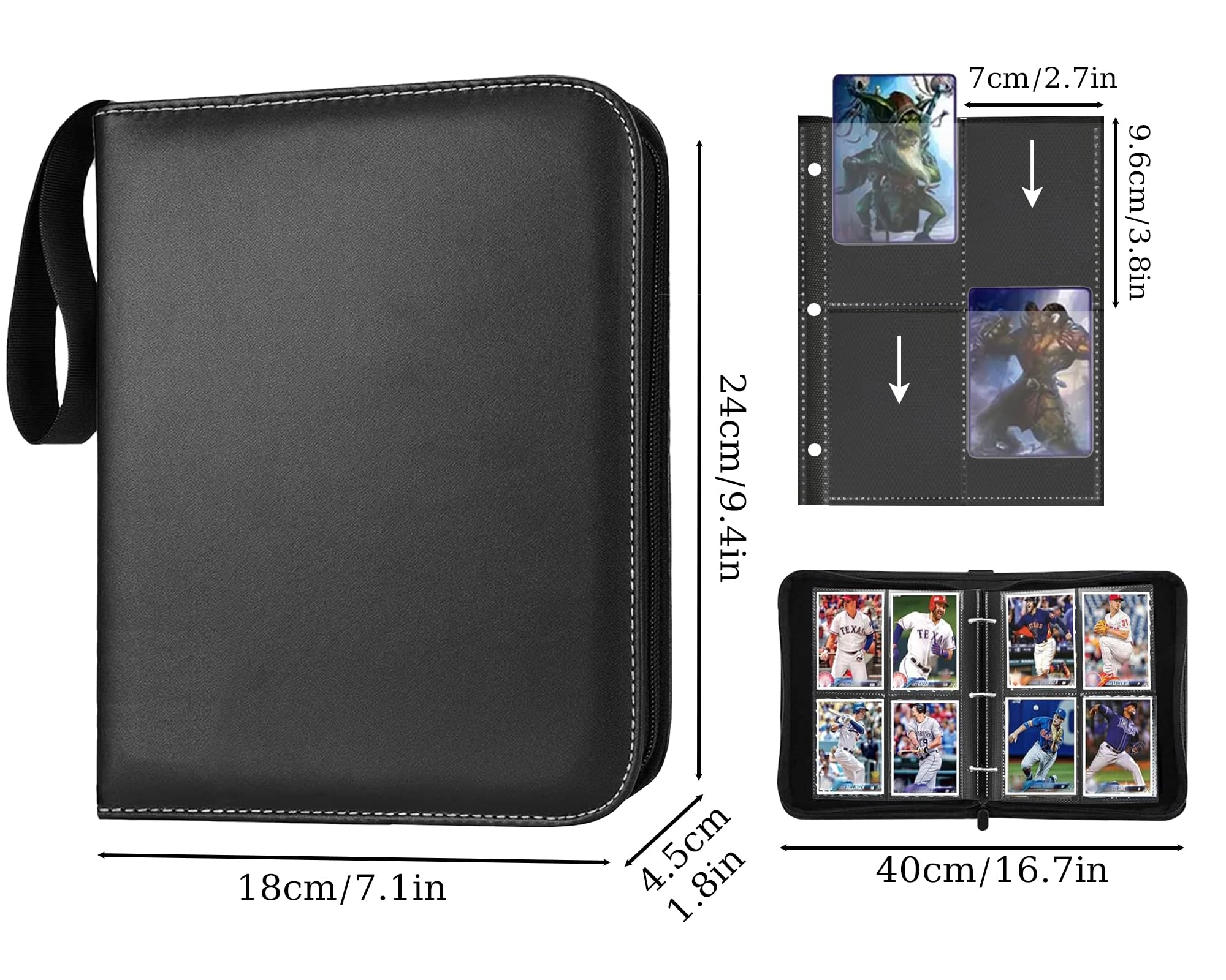 Premium Black 4 Pocket Baseball Card Binder 400Double Sided Pocket PU Collection Binder with Acid-Free Sleeves - Waterproof, Rugged, Small Size,Large Capacity - Ideal for Sports Cards,Pokemon,and More
