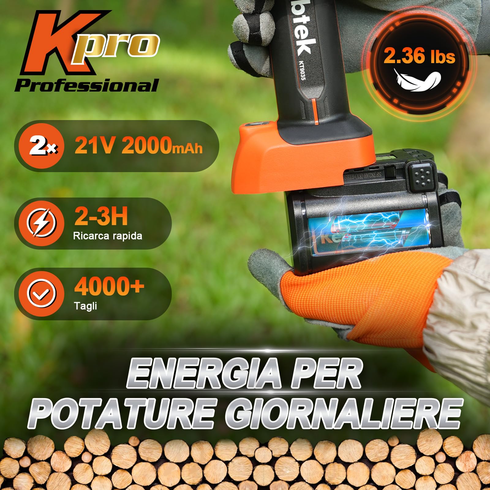 Kebtek Forbici Da Potatura 35mm Con 2 Batterie 4Ah Compatibili Con Asta | Per Frutteti E Potature Intensive, Compatibili Con Asta Per Raggiungere Rami Più Alti