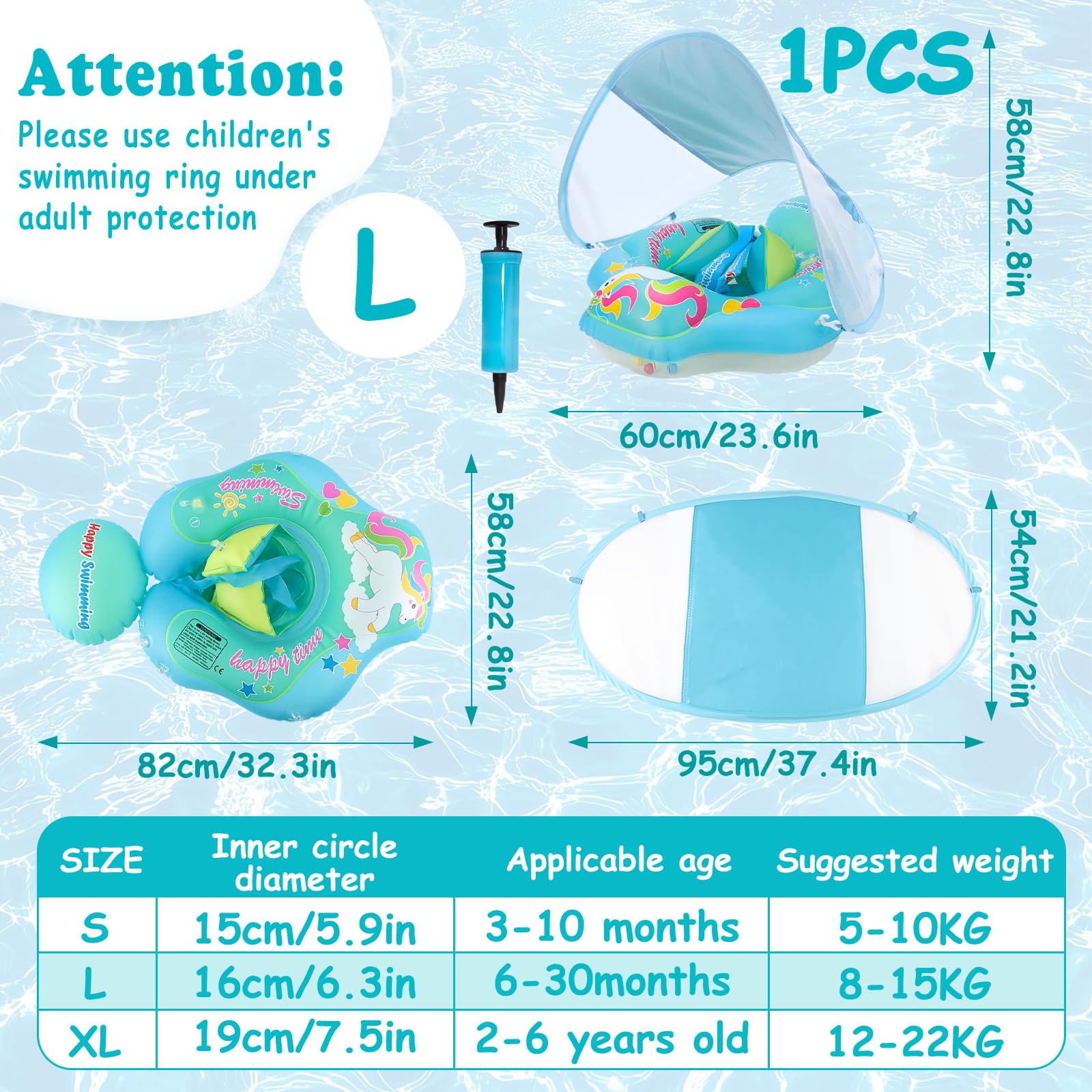 ACTOYS Piscina Bebe, Flotador Bebe con Sombrilla, Flotadores Piscina, Flotador Bebe, Flotador de Bebe Inflable, Anillo de Natación para Bebé, Juguetes Piscina y Baño 3 a 36 Meses