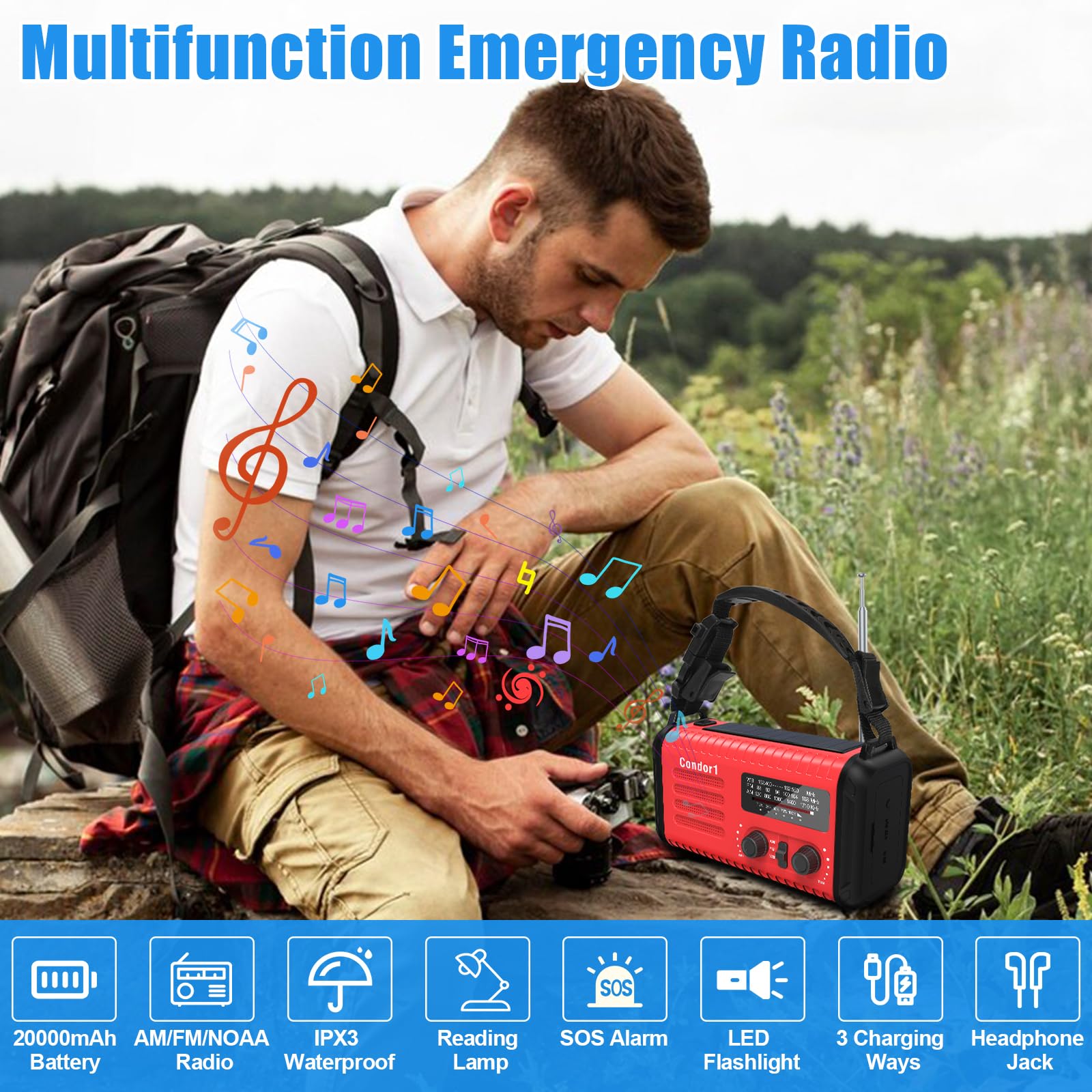 Radio di emergenza da 20.000 mAh, con manovella a energia solare, radio AM FM NOAA, batteria ricaricabile, allarme SOS, torcia elettrica, lampada da lettura per casa e emergenza all'aperto (rosso)