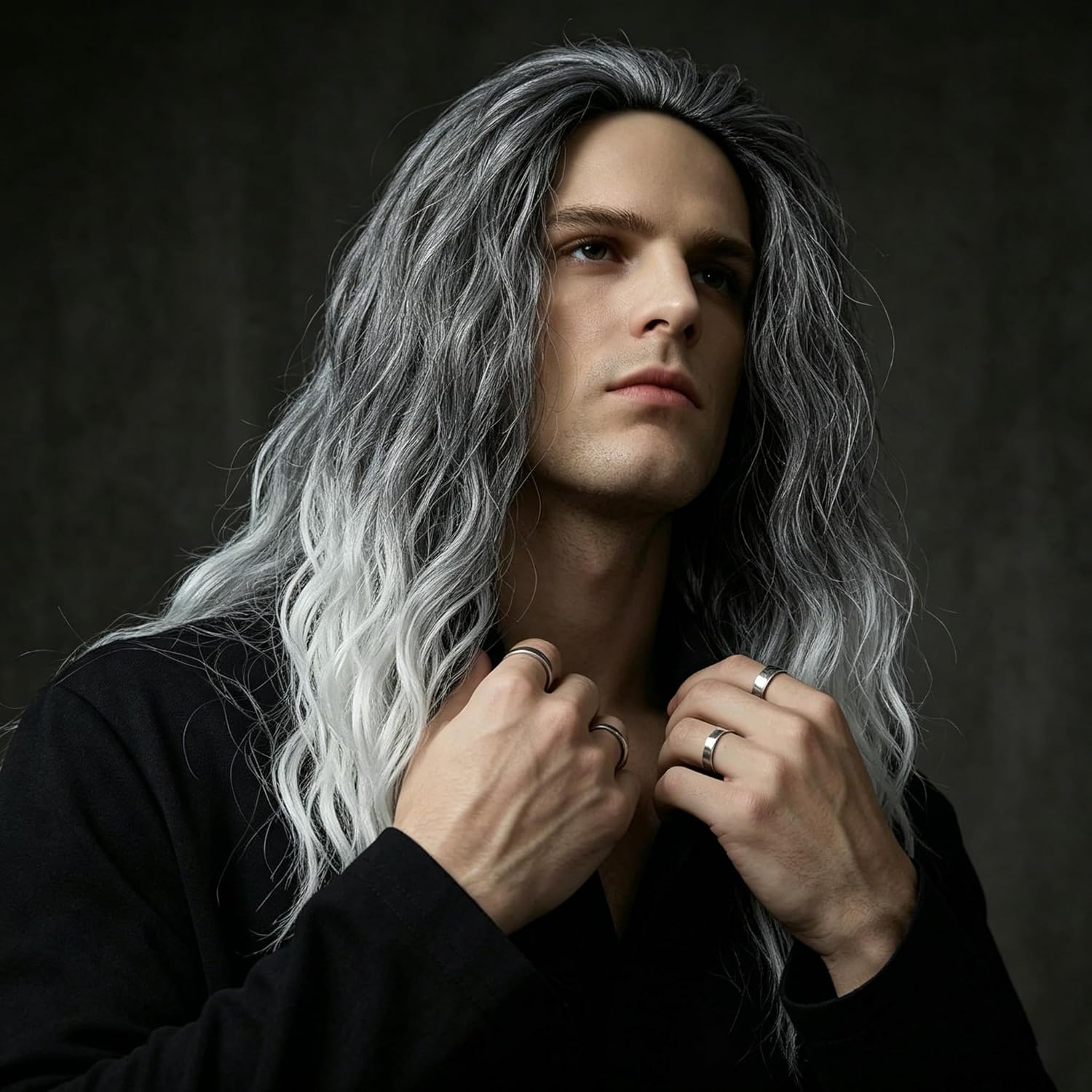 Sallcks Mens Long Curly Grey Wig Middle Part 2 Tones Synthetic Cosplay Costume Halloween Wig for Men