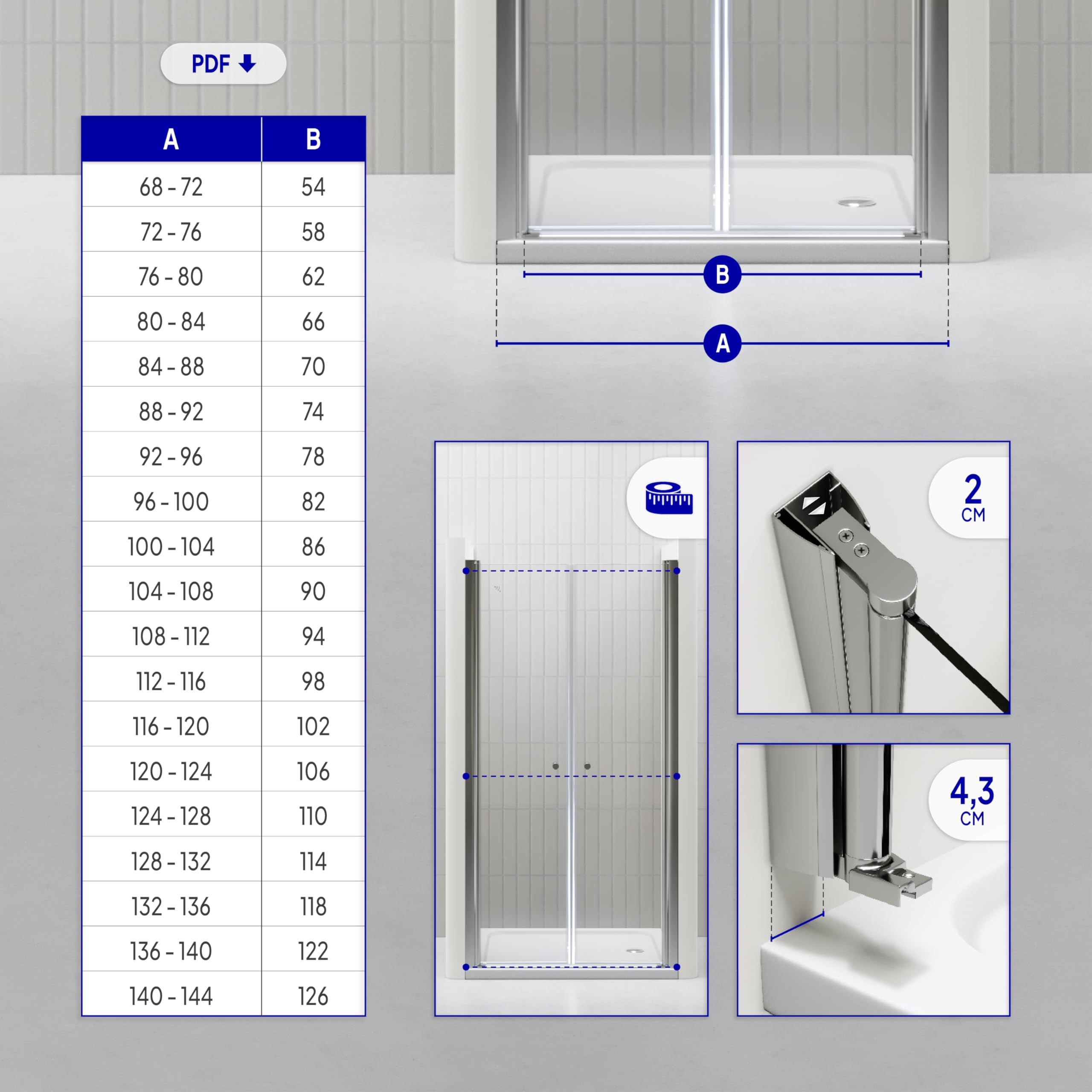 Box doccia Lima, regolabile da 96-100 cm, altezza 195 cm, porta doppia a battente, vetro di sicurezza temperato trasparente ESG 6MM, profili cromati #DTC