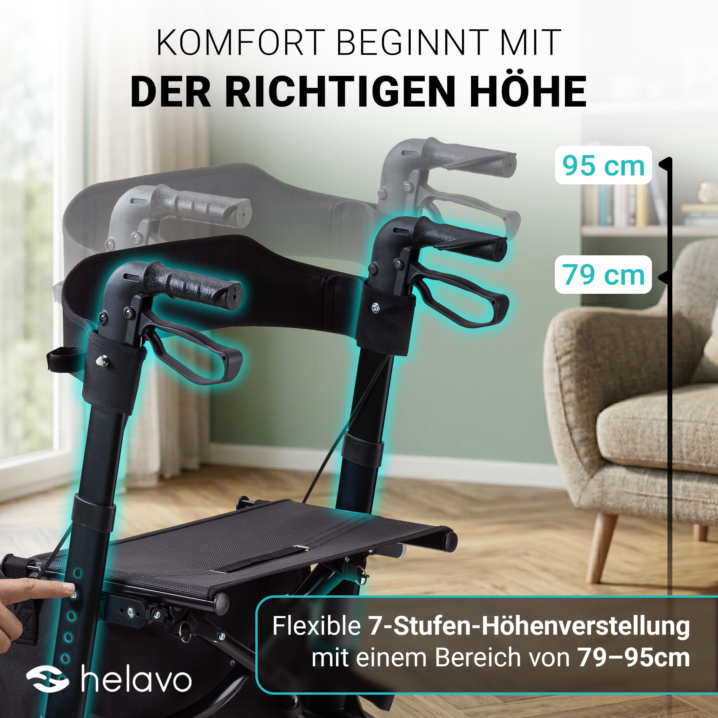 Helavo faltbarer Rollator mit Sitz - Leicht & Kompakt für Drinnen & Draußen | Kompakt zusammenklappbarer Aluminium-Rollator mit Transporttasche - Nur 8,3 kg leicht - Höhenverstellbare Griffe