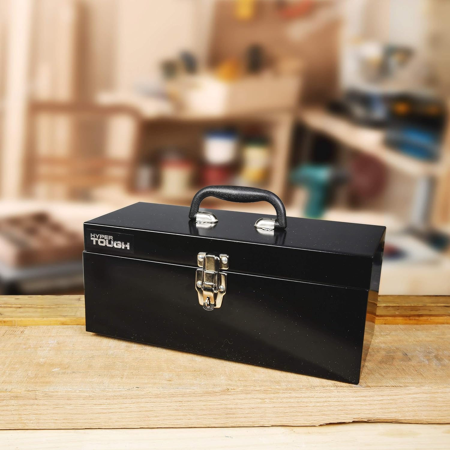 Hyper Tough 16-Inch Black Metal Toolbox with Hyper Tough logo