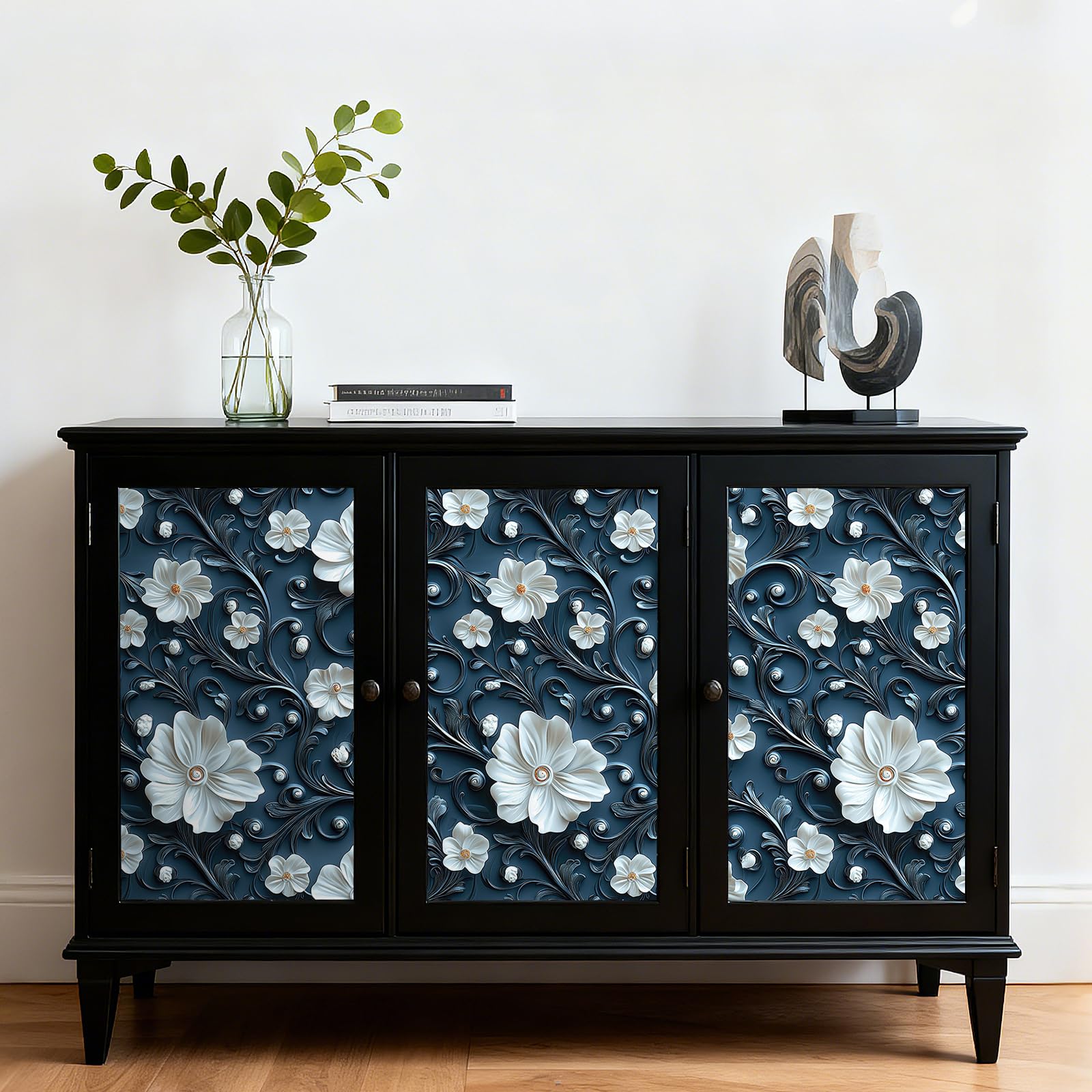 ReWallpaper Carta Da Parati Bianco e Blu Fiori 3d Effetto 44.5CMx7M Lavabile Carta Adesiva per Pareti Bagno Lavanderia Blu Pellicola Adesiva Mobili Cassetti Vinile Rivestimento Adesivo Floreale