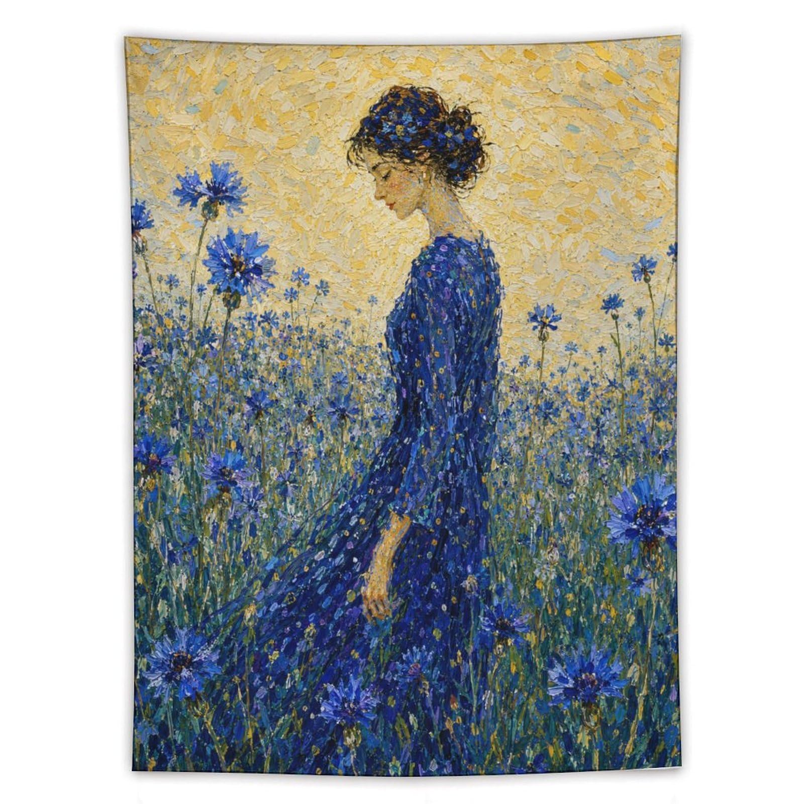 H3B8U2Y5 Woman in Blue Flower Field Wall Tapestry, Impressionist, Dorm Room