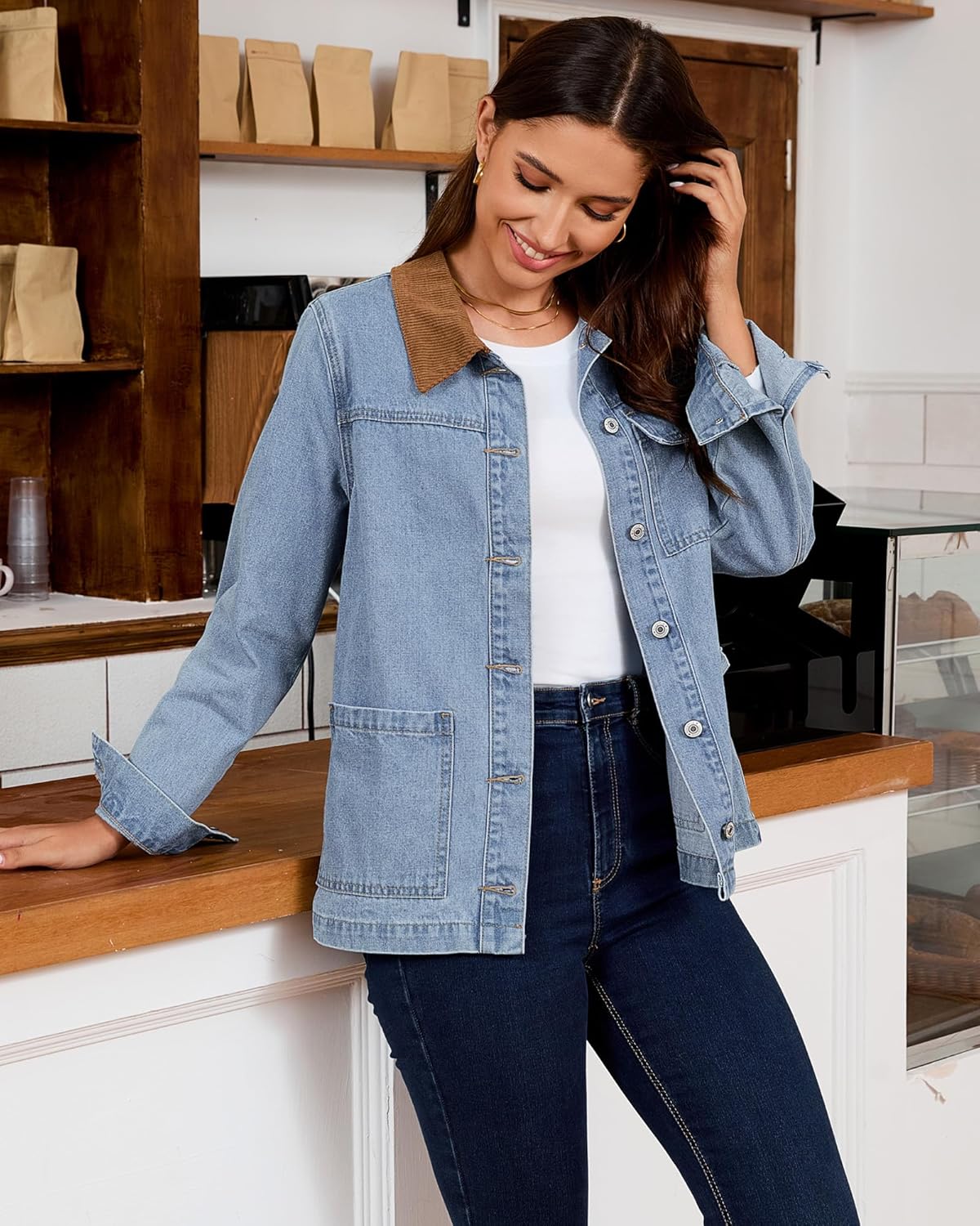 luvamia Jean Jacket Women Trendy Button Down Contrast Corduroy Collar Casual Loose Fit Denim Barn Jackets with Pockets - Image 6