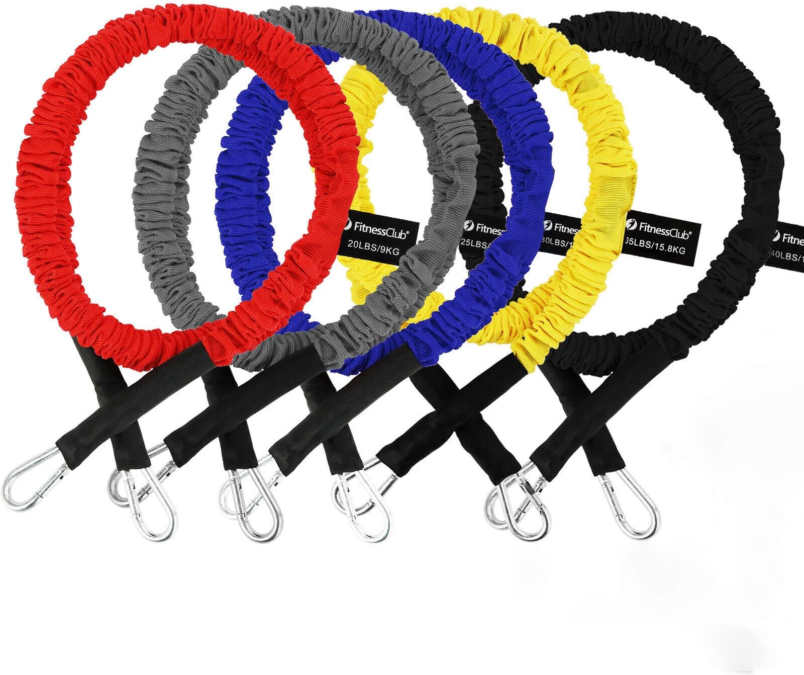 FitnessClub Resistance Bands Set 14 PCS Exercise Elastic Bands Set Upgraded Resistance Tubes W/Anti-Snap Double Protection Nylon Sleeves 5 Bands 20lbs to 40lbs Door Anchors Ankle Straps Foam Handles