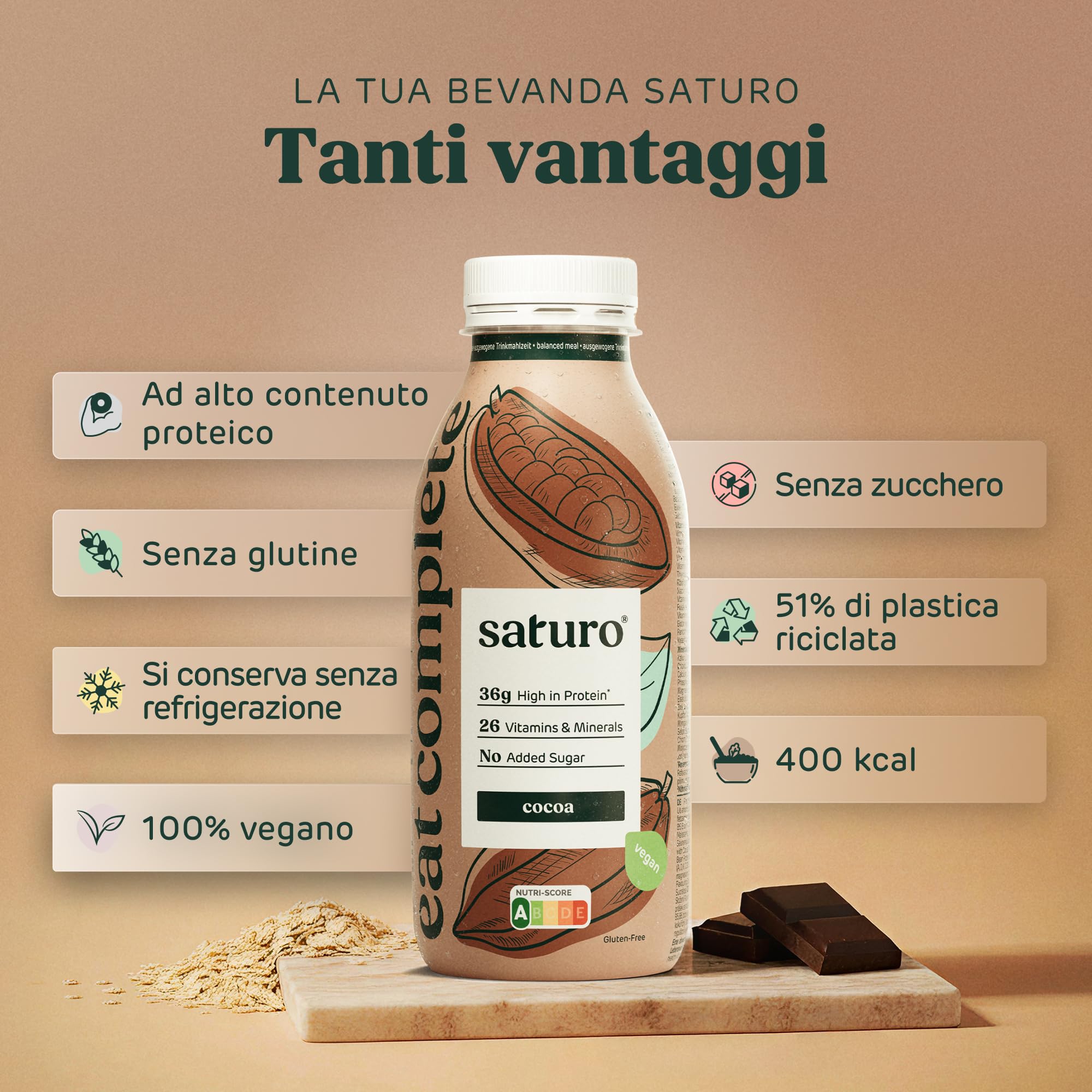 Saturo Pasto Sostitutivo Frullato Gusto Cocoa | 36 g di proteine & senza zucchero | 400 kcal | Vegano | Pasto Bevibile con Nutrienti Essenziali | Cioccolato | 6 x 400 ml