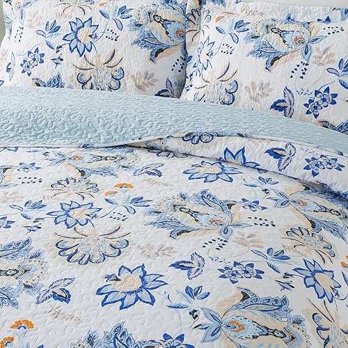 Miniatura 4 de NEWLAKE Juego de colcha de algodón, juego de colcha reversible de retazos, hermoso patrón floral, tamaño King