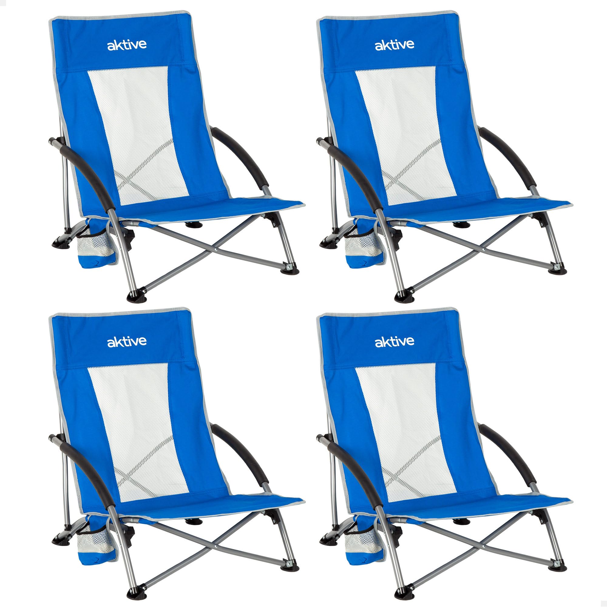 AKTIVE Pack de 4 chaises Pliantes de Plage, 50 x 51 x 67 cm, Structure en Acier, Tissu Polyester Respirant, Dessous de Verre latéral, Sac de Transport avec poignée bandoulière, légères et résistantes