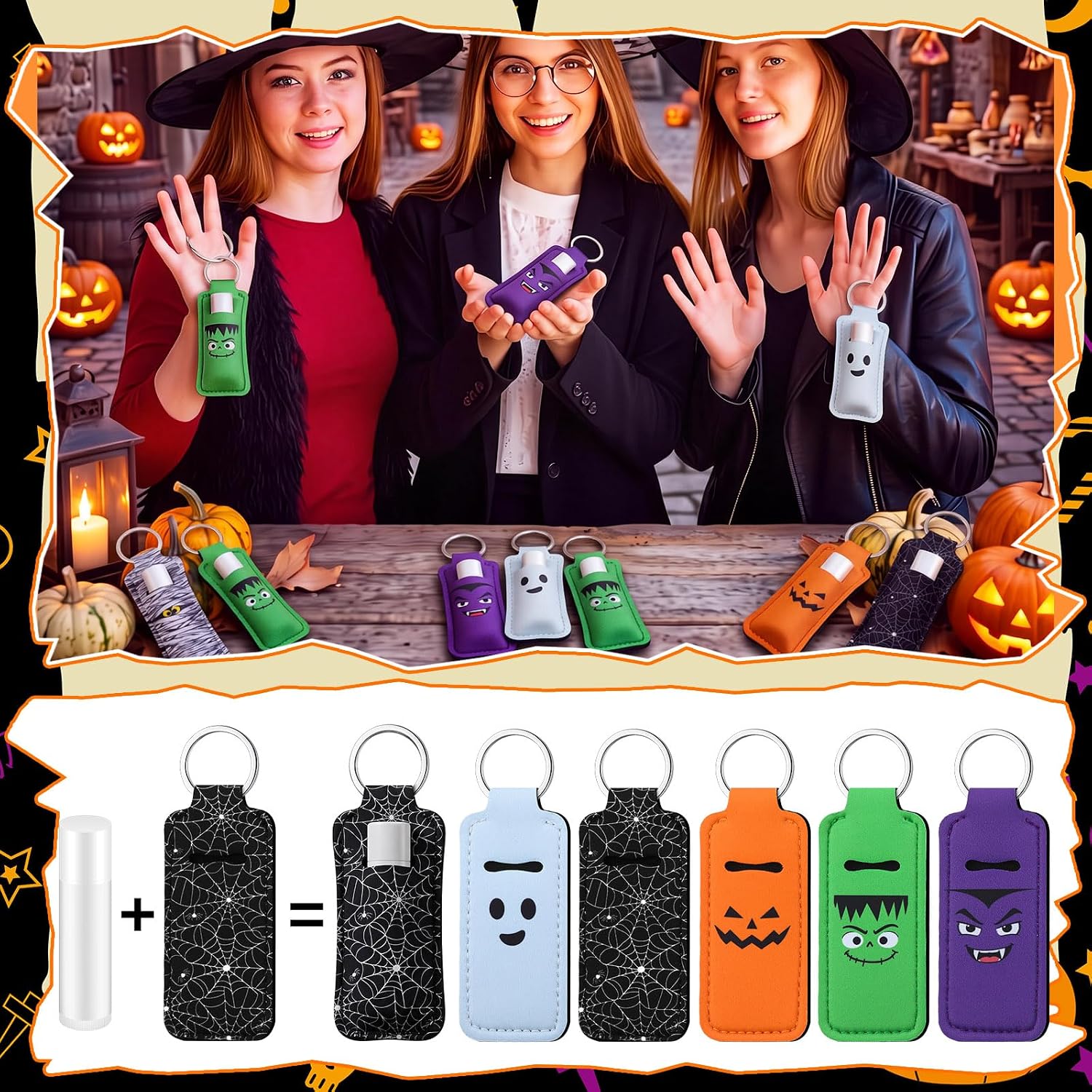 Kenning 24 Pcs Halloween Lip Balm Holder Keychain Party Favor Gift