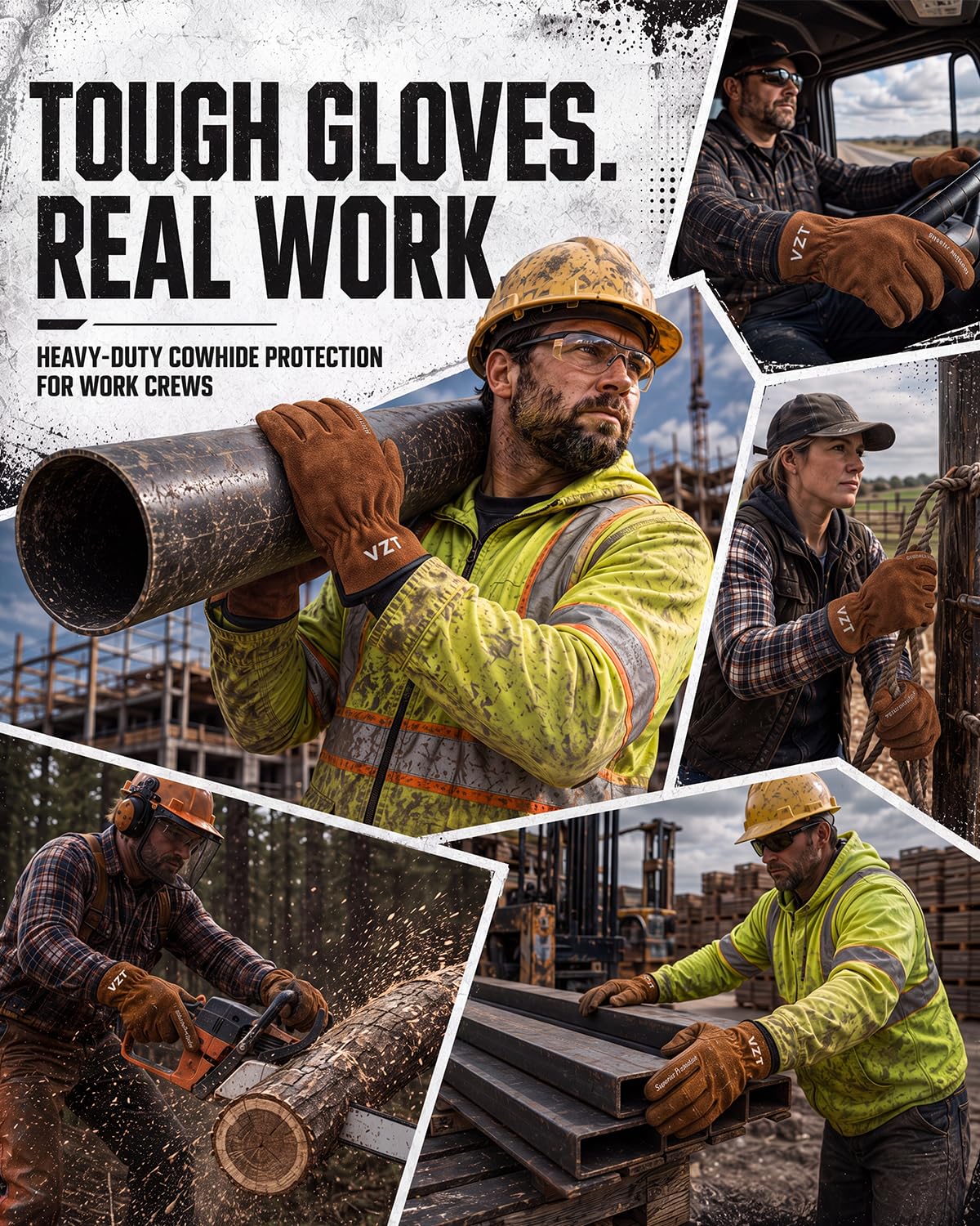 VZT 10 pares de guantes de trabajo de cuero para hombres y mujeres, paquete a granel, agarre suave y duradero, cuero de vaca genuino resistente para conductores de camiones, construcción, soldadura 6