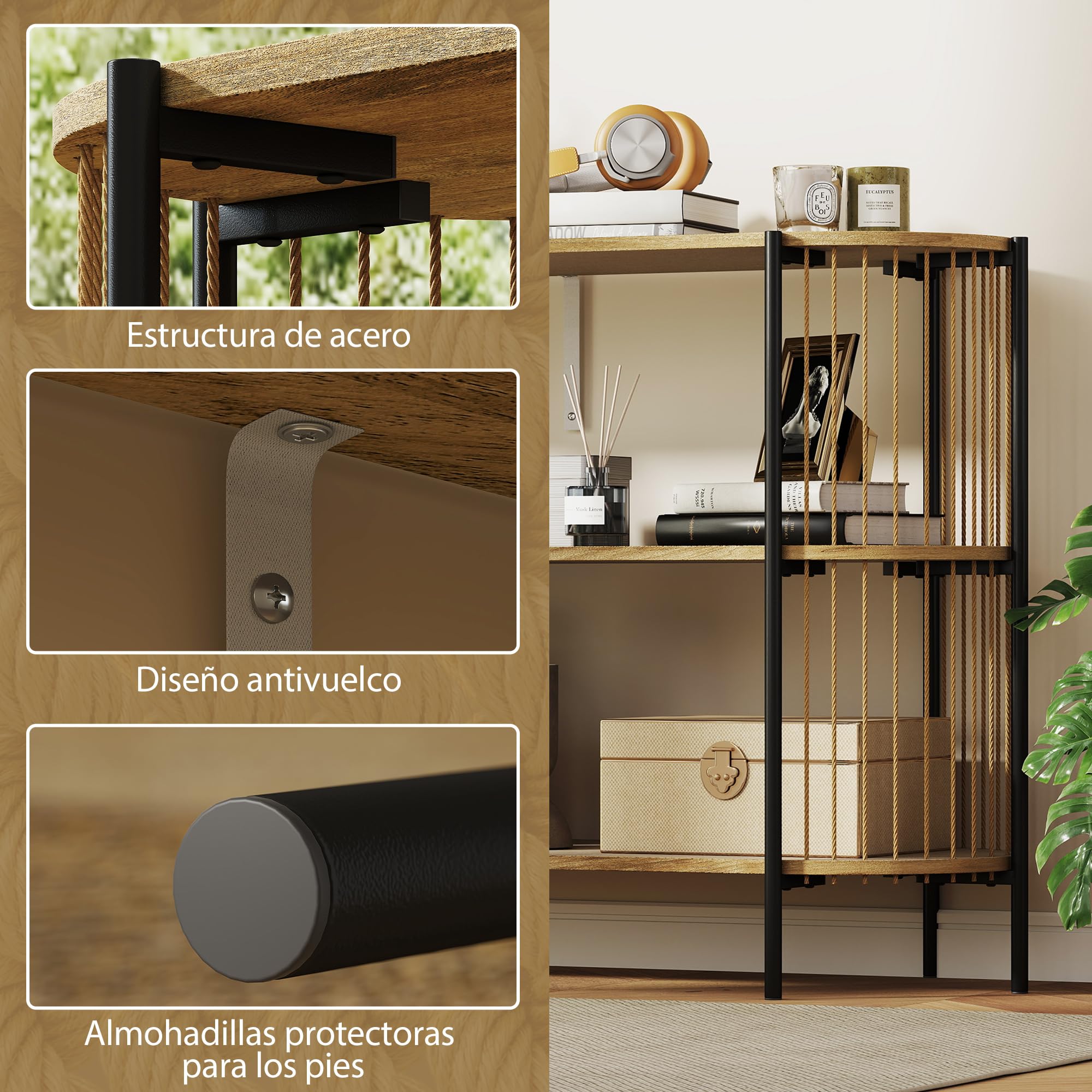 HOMCOM Mesa de Consola Consola Recibidor 124x43,5x80 cm Natural | Cuerda de Papel Trenzada a Mano, 3 Niveles, Marco de Acero, Estilo Bohemio, para Entrada Sala de Estar