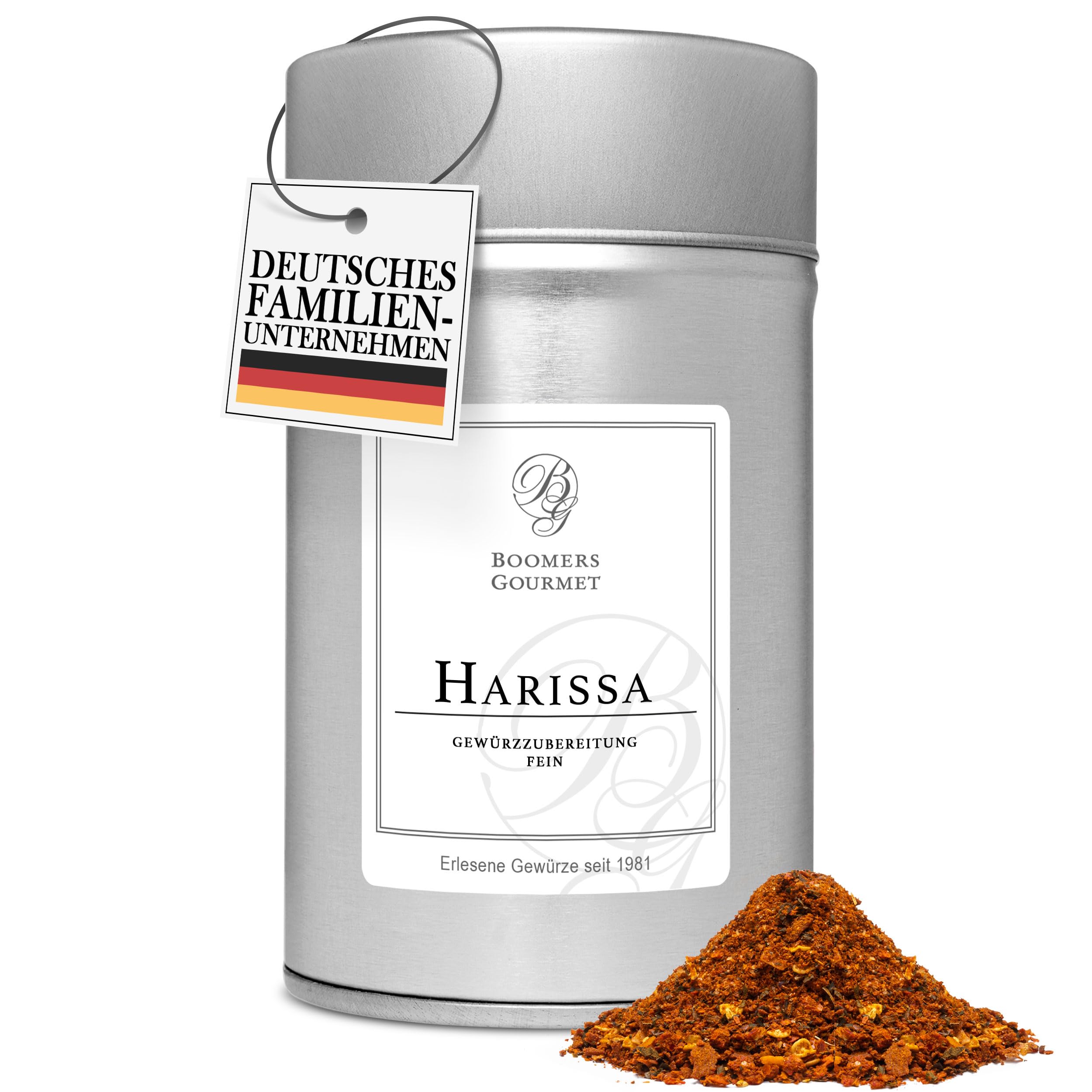 Boomers Gourmet - Harissa Gewürzmischung feines Pulver, Nordafrikanisches Harissa Gewürz - Gewürzdose - 100 g