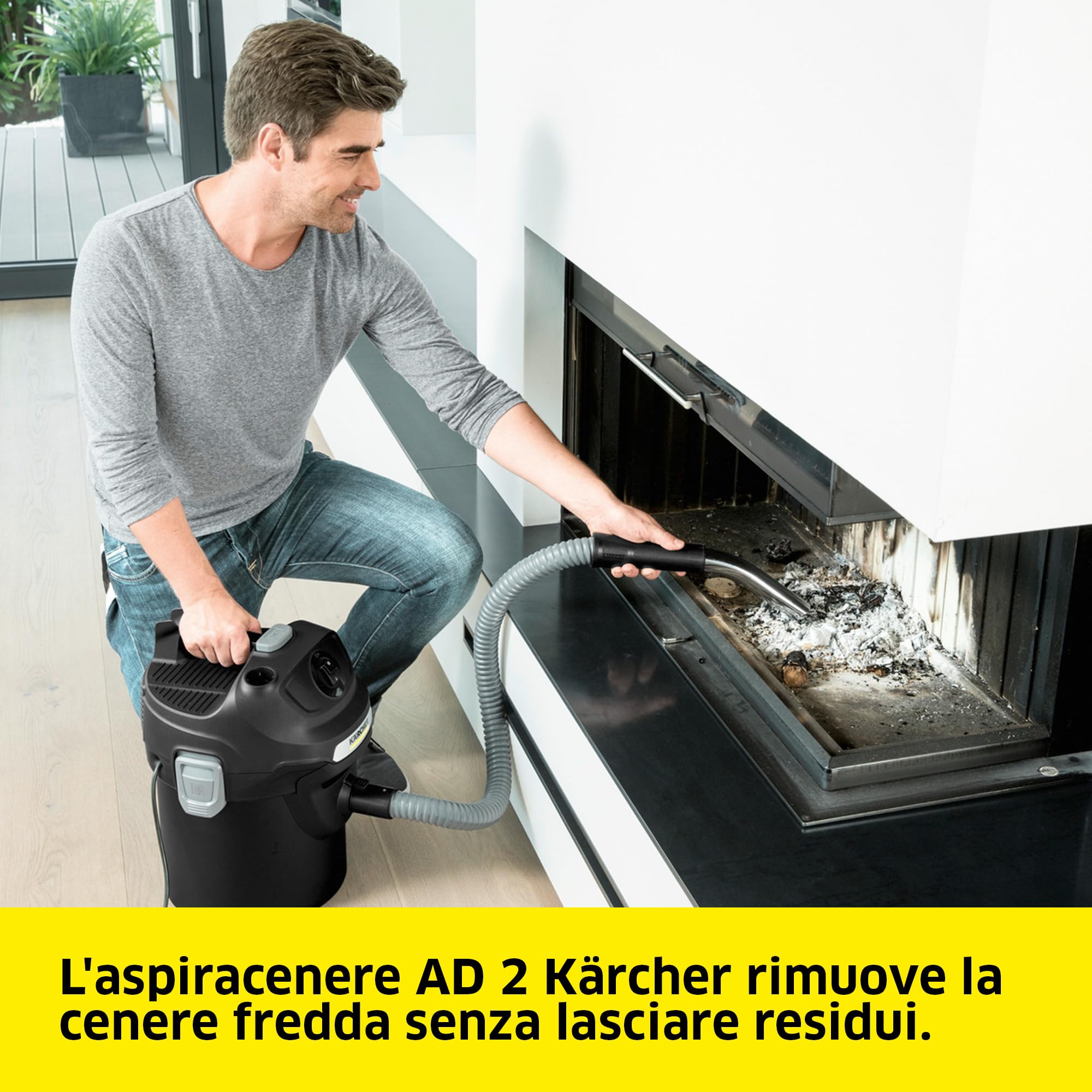 Kärcher AD 2 - Bidone Aspiracenere Portatile, Ignifugo, Filtro Auto-pulente, Aspirazione potente da 150AW, 600W, Contenitore 14L, Giallo/Nero