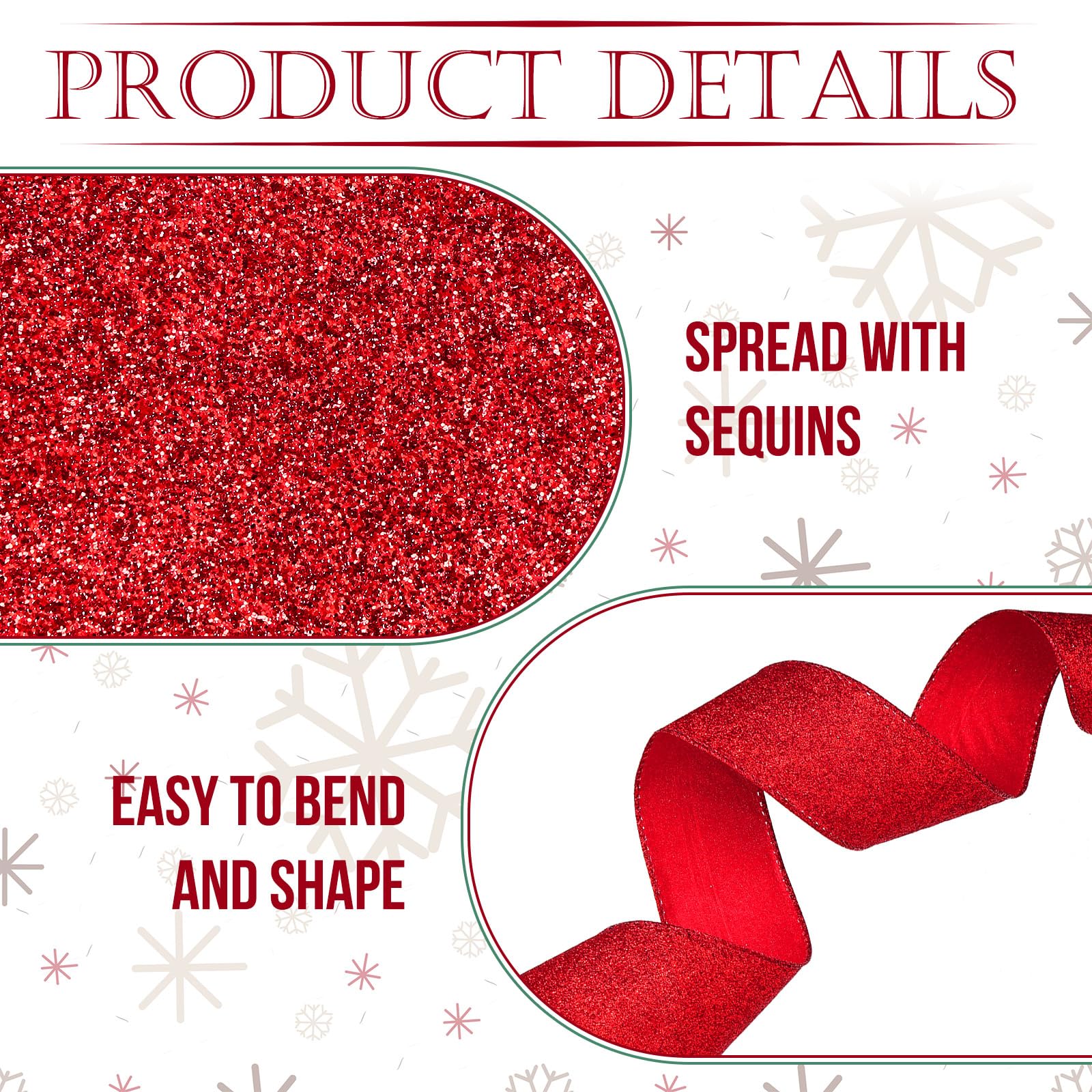 Cindeer Ruban de Noël à paillettes rouges de 6,3 cm avec bords métalliques pour la maison, l'emballage de cadeaux, les couronnes, la décoration d'arbre de Noël, les loisirs créatifs (rouge)