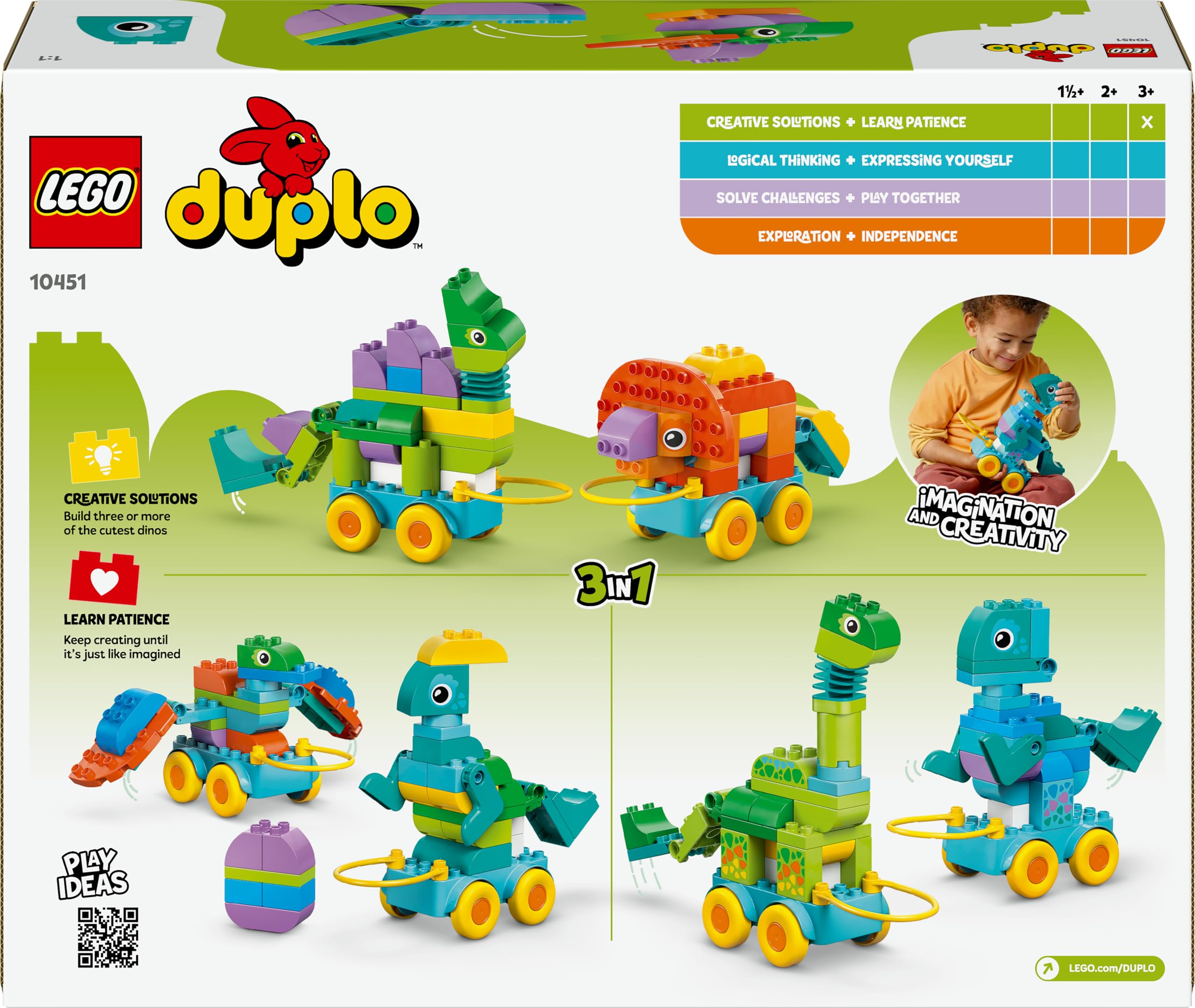 LEGO Duplo Ma Ville Dinosaures sur Roues 3-en-1 Jeu Éducatif pour Fille ou garçon 3 Ans - Diplodocus, T-Rex, tricératops & stégosaure ou ptéranodon & Parasaurolophus - Figurines de Dinosaures 10451