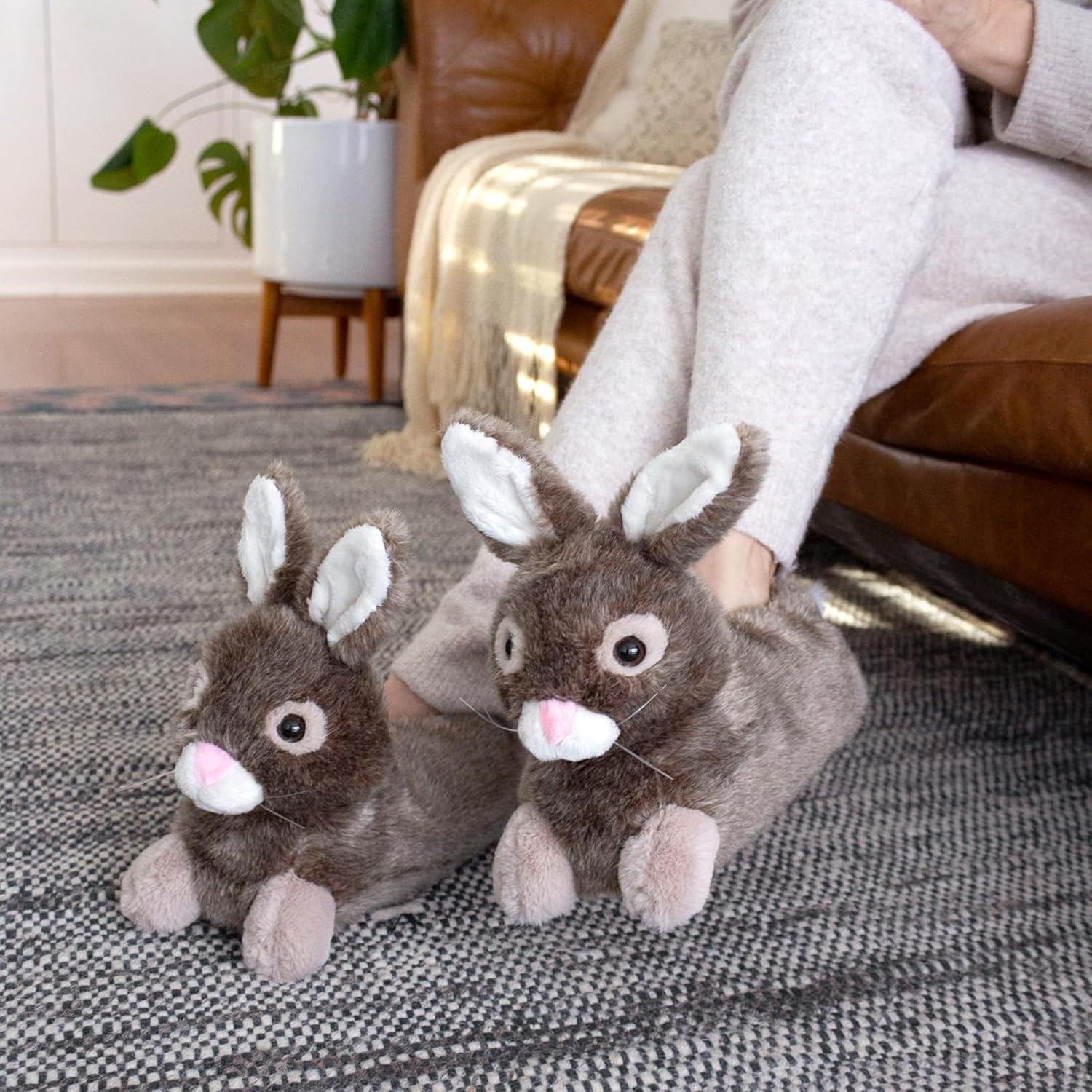 Brown Bunny Rabbit Slippers for Women and Men - Fuzzy Plush Animal Slippers for Adults - Image 2