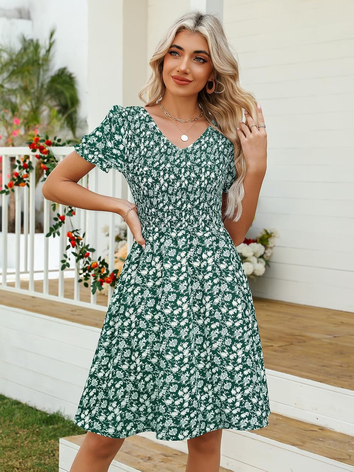 EeYu Women's Summer Dress Casual Short Sleeves V-Neck Flowy Smocked Knee Length Dresses with Pockets - Image 3