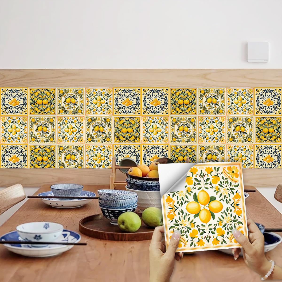 Tile Stickers 20X20 CM Lemon Yellow Kitchen Tile Stickers for Bathroom Stick on Wall Tiles Backsplash for Kitchen Stick on Tiles Self-Adhesive Vinyl Home Decoration(10PCS)