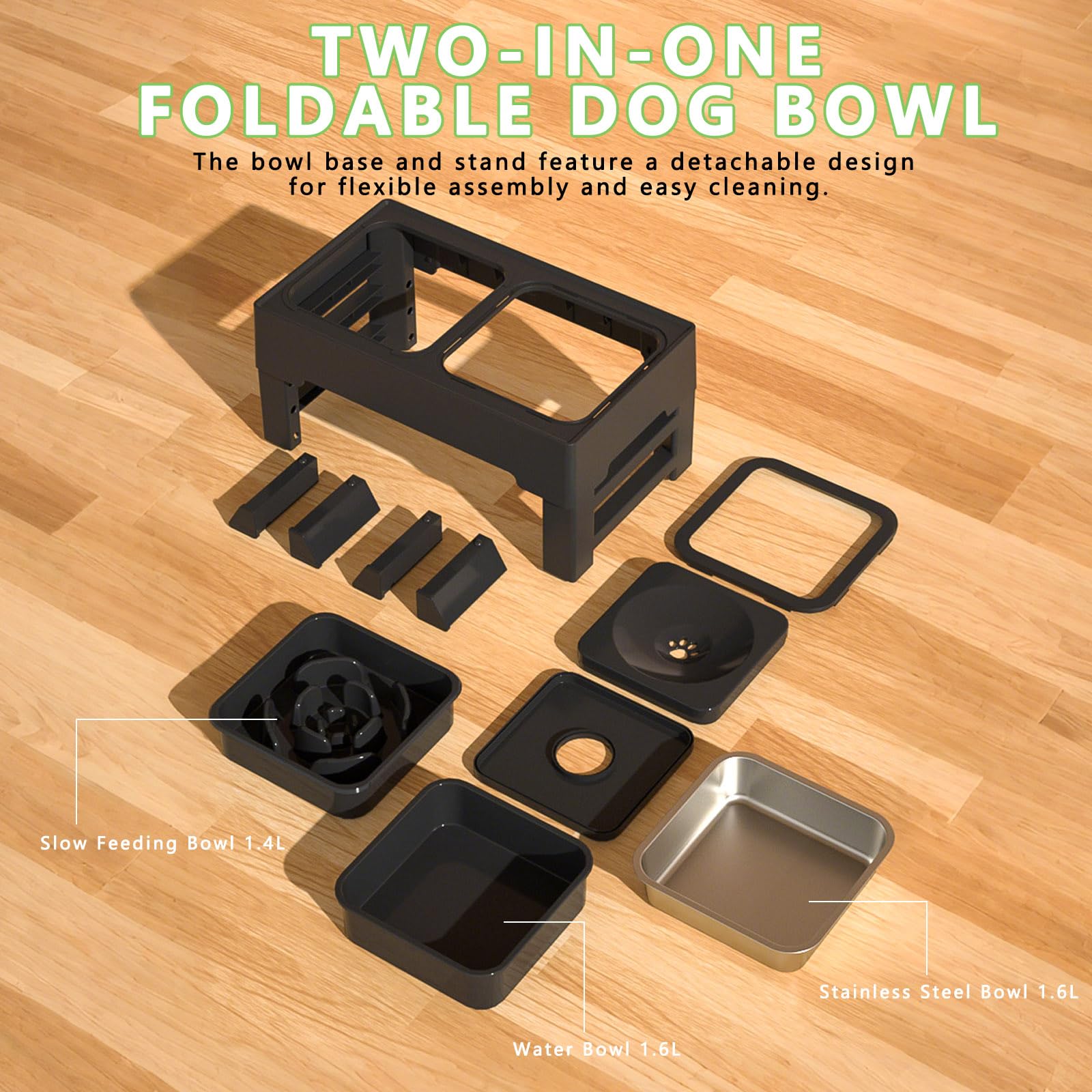 Cuenco Elevado para Perros con 4 Alturas Regulables, 1x1600ml Cuenco de Acero Inoxidable y Recipiente Anti Goteo, con 1x1600ml Recipiente Slow Feed para Perros Pequeños, Medianos y Grandes
