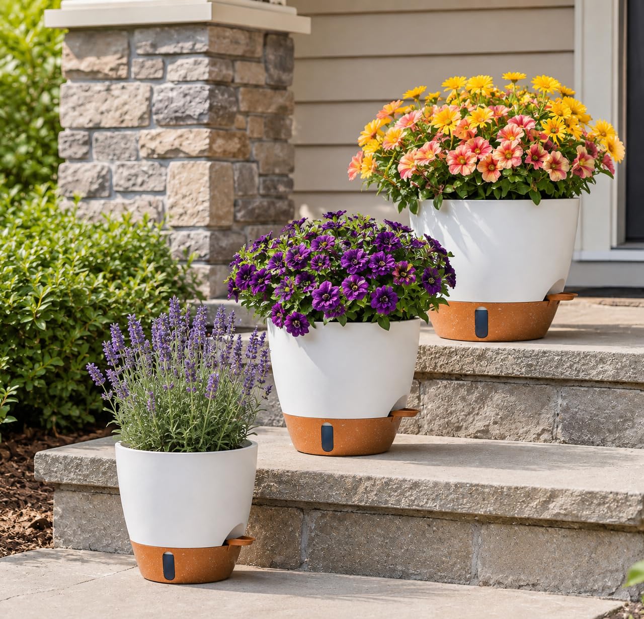 Set di 3 vasi da fiori autoirriganti, 20/25/30,5 cm, con sottovaso e fori di drenaggio, moderni vasi per piante da interni ed esterni, bianco