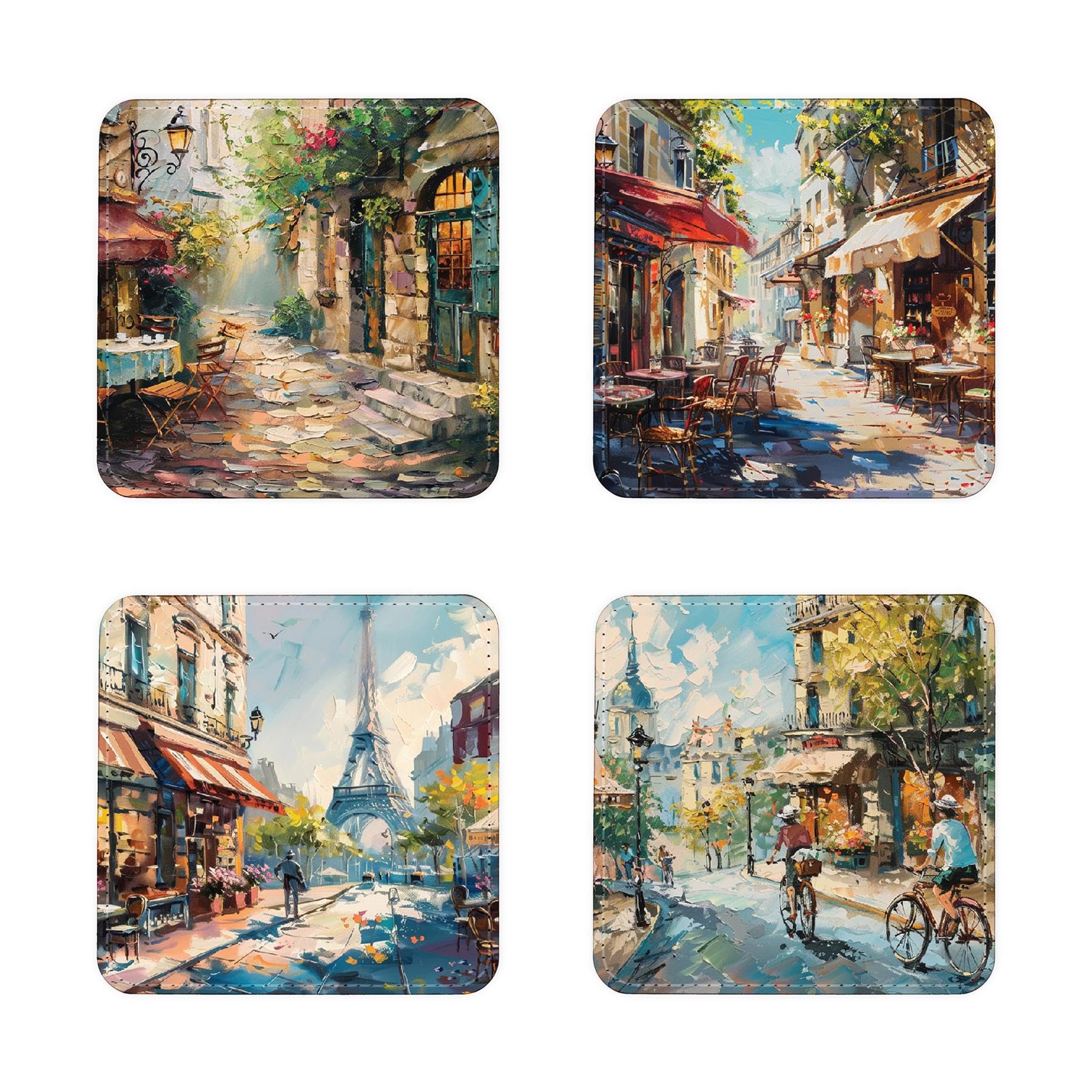 French Scenes Faux Leather Coaster Set - Oil Painting Décor Gift - Set of Four (4) Square Drinks Coasters