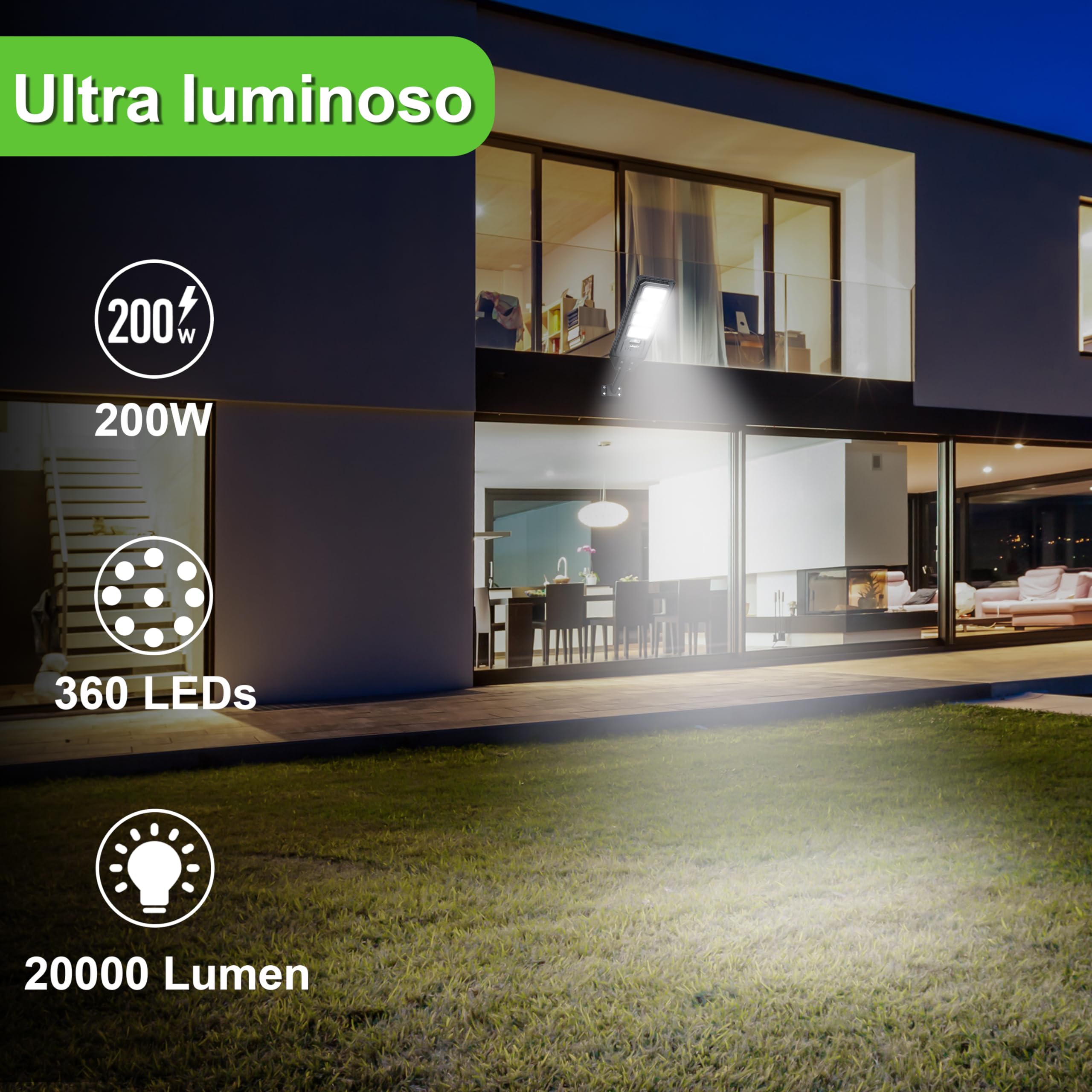 LANGY 2PACK Lampada da esterno per lampada solare da 20000 lumen con telecomando, sensore di movimento crepuscolare all'alba, lampada da esterno alimentata a energia solare IP65 impermeabile