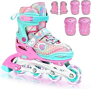 Sportneer Patines en línea ajustables de 4 tamaños para niñas, patines en línea para niños, tamaño 12C-9 con ruedas iluminadas, hoja de rodillo con equipo de protección para niños, niñas, mujeres,