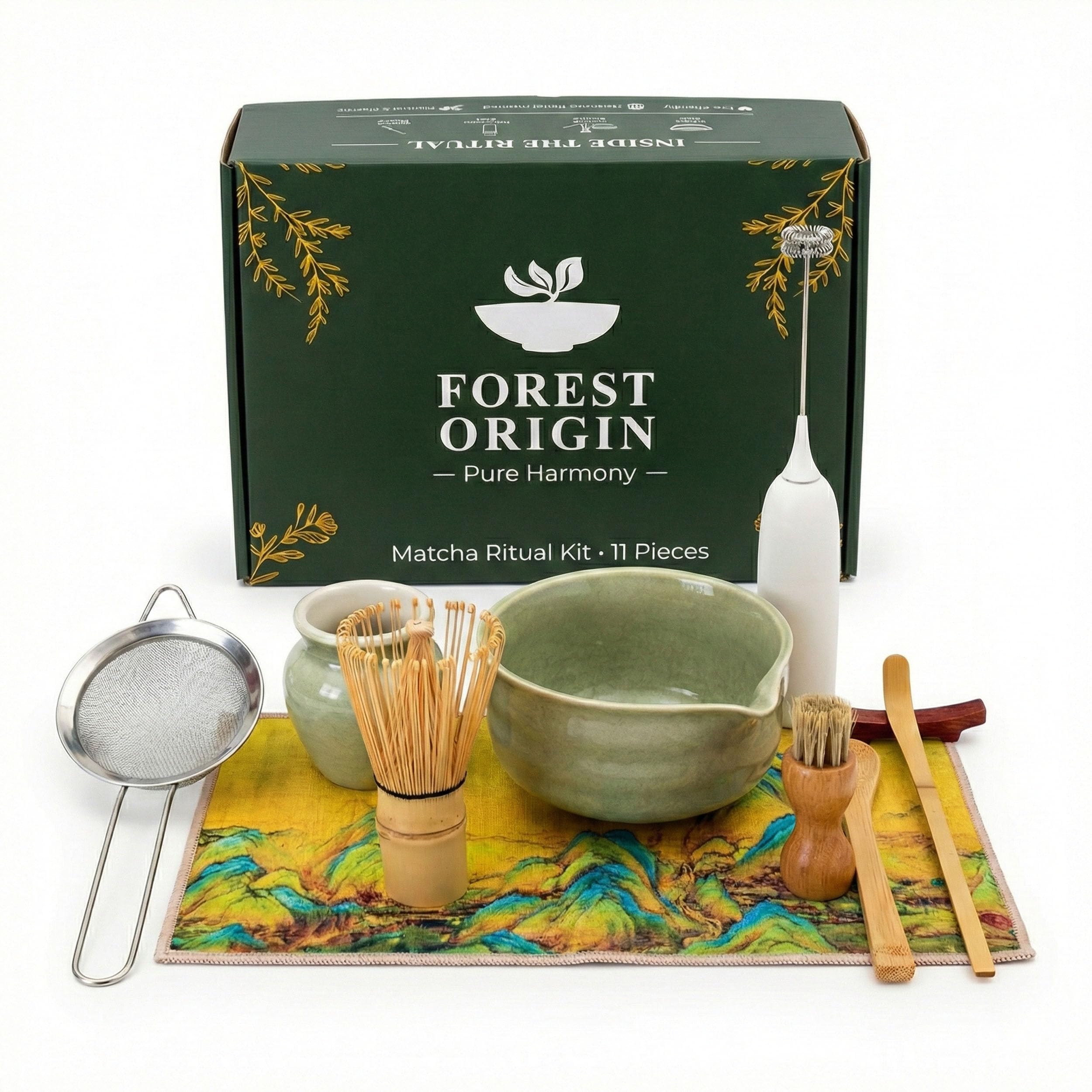 Kit de thé matcha avec fouet électrique mousse et ensemble complet d'accessoires traditionnels, bol en céramique, tamis bambou préparation rituelle authentique initiation Set de 11 pièces cadeau