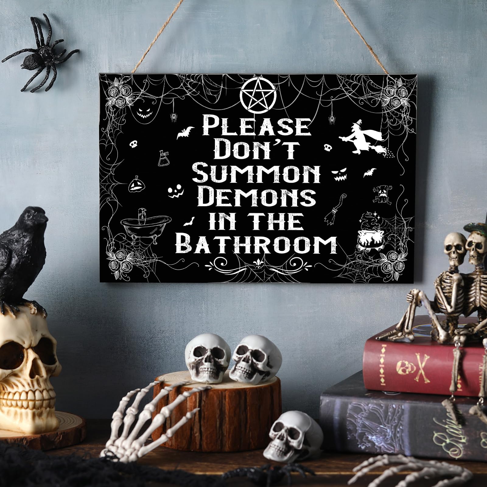 Wesiti Halloween-Badezimmer-Dekor, Gothic-Haustürschild, Hexe Bitte nicht beschwören, Dämonen im Badezimmer, Halloween-Holzschild, hängende Kunst, gruselige Gothic-Raum-Wanddekoration