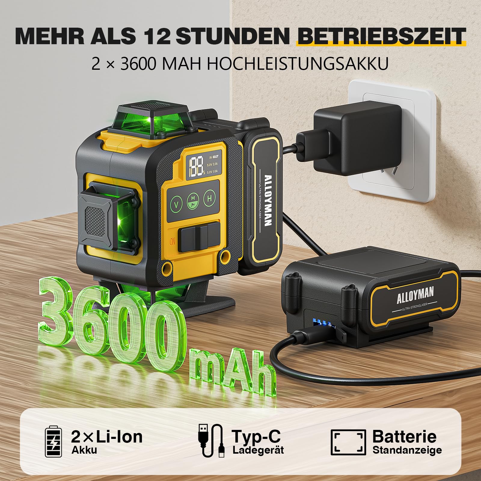 Alloyman Kreuzlinienlaser mit Stativ, 16 Linien Nivellierlaser, 4×360Grad Laser Wasserwaage, Selbstnivellierend 4D Grün Linienlaser Kreuzlaser mit 2 Batteries, IP54, für Innenbereich Baustelle
